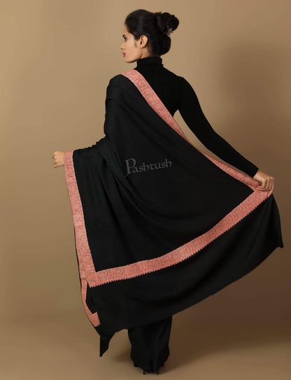 Pashtush Store Shawl Pashtush Women's Wool Shawl embroidered border, Rich Black