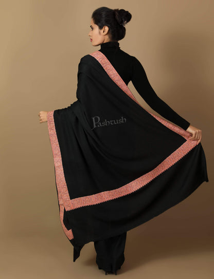 Pashtush Store Shawl Pashtush Women's Wool Shawl embroidered border, Rich Black