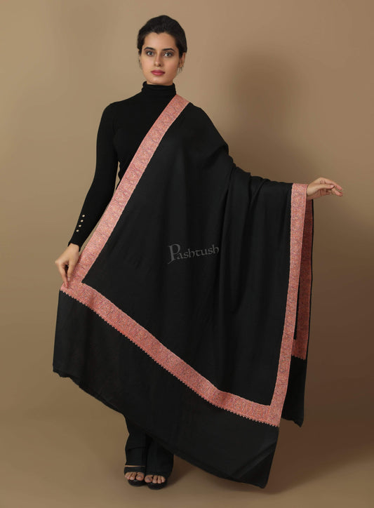 Pashtush Store Shawl Pashtush Women's Wool Shawl embroidered border, Rich Black