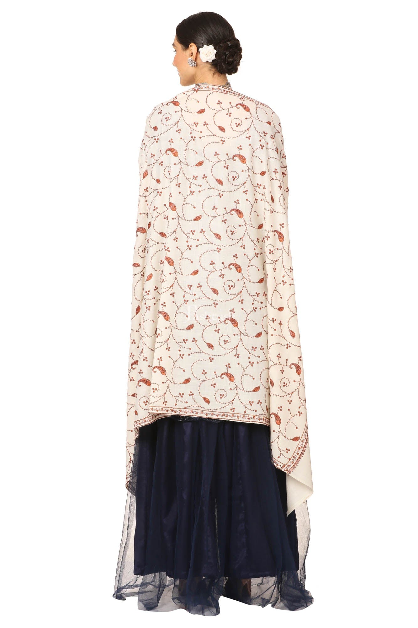 Pashtush India Womens Shawls Pashtush Women'S Wool Shawl Jaal With Handmade Embroidery Palla (Ivory, Free Size)