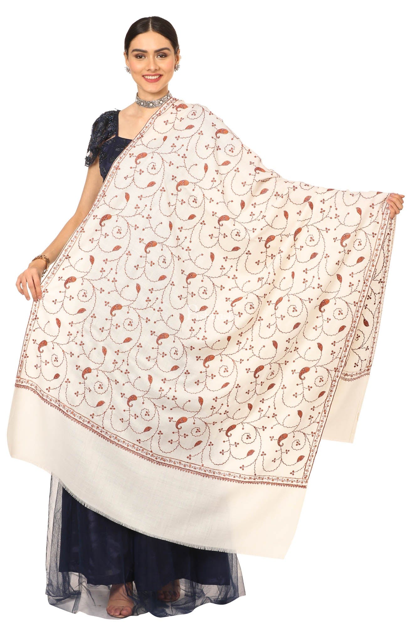 Pashtush India Womens Shawls Pashtush Women'S Wool Shawl Jaal With Handmade Embroidery Palla (Ivory, Free Size)