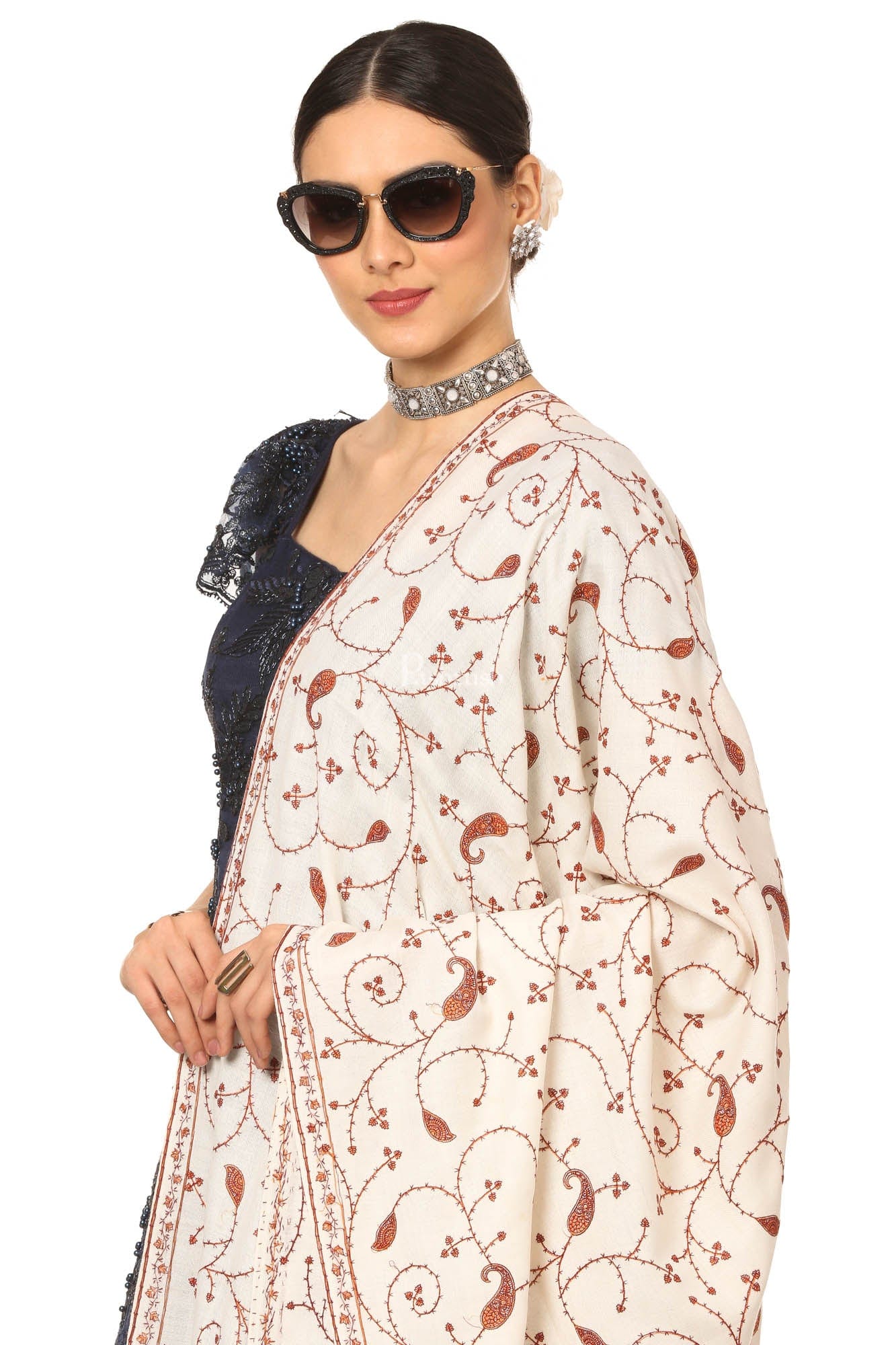 Pashtush India Womens Shawls Pashtush Women'S Wool Shawl Jaal With Handmade Embroidery Palla (Ivory, Free Size)