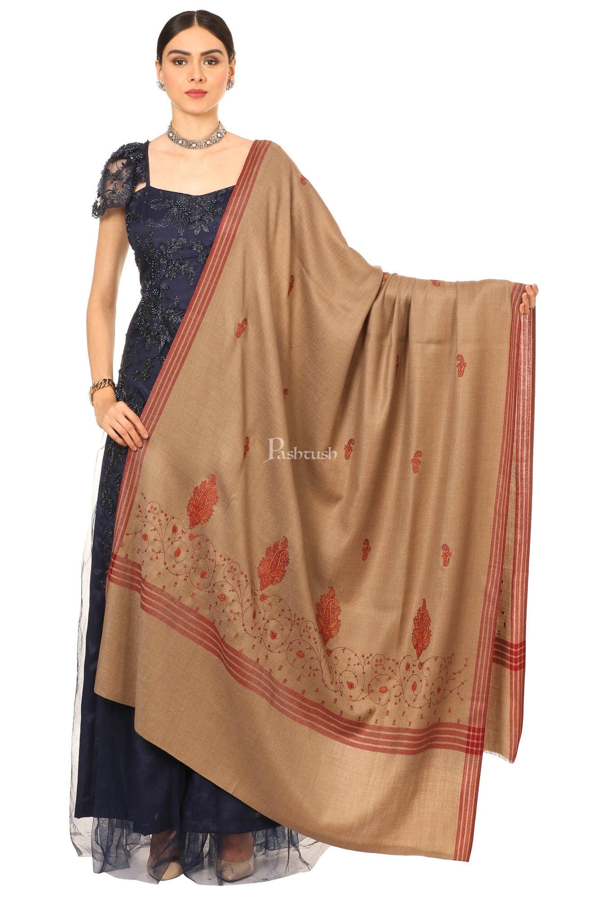 Pashtush India Womens Shawls Pashtush Women'S Wool Shawl With Embroidery (Taupe , Large Size)