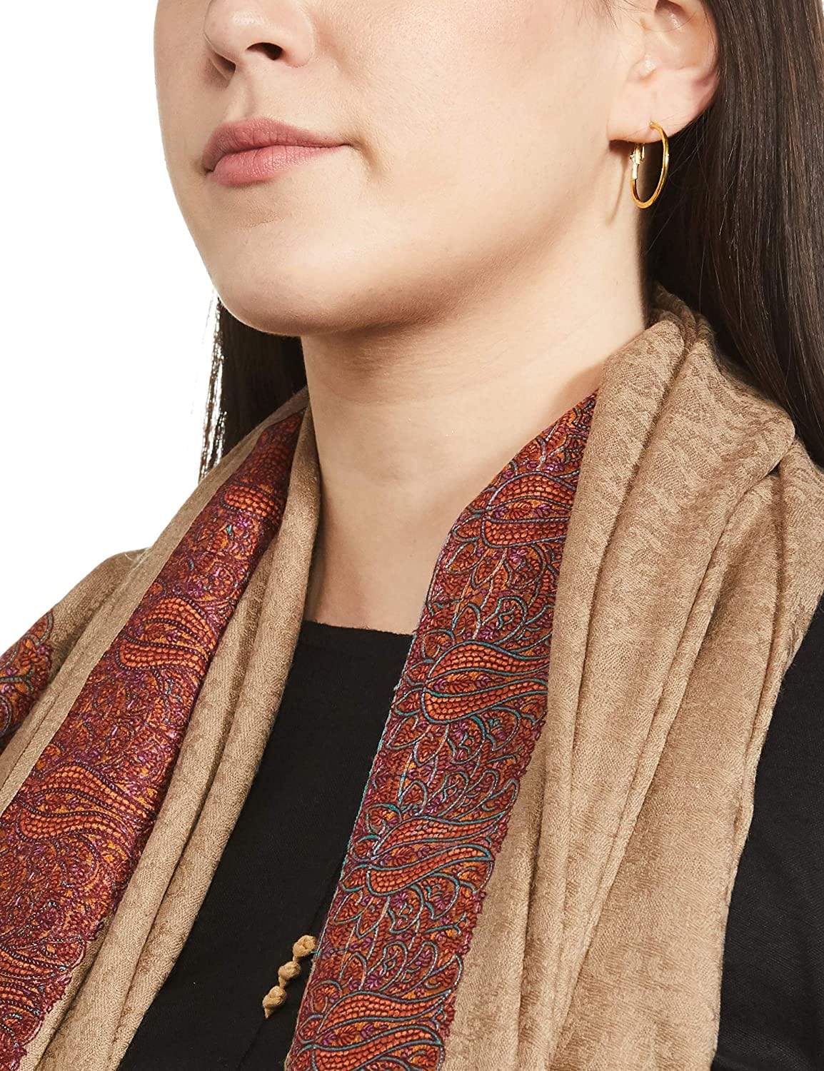 Pashtush India 114x228 Pashtush Women's Woollen Shawl, Kashmiri Silky Thread Embroidery, Large Size, Beige