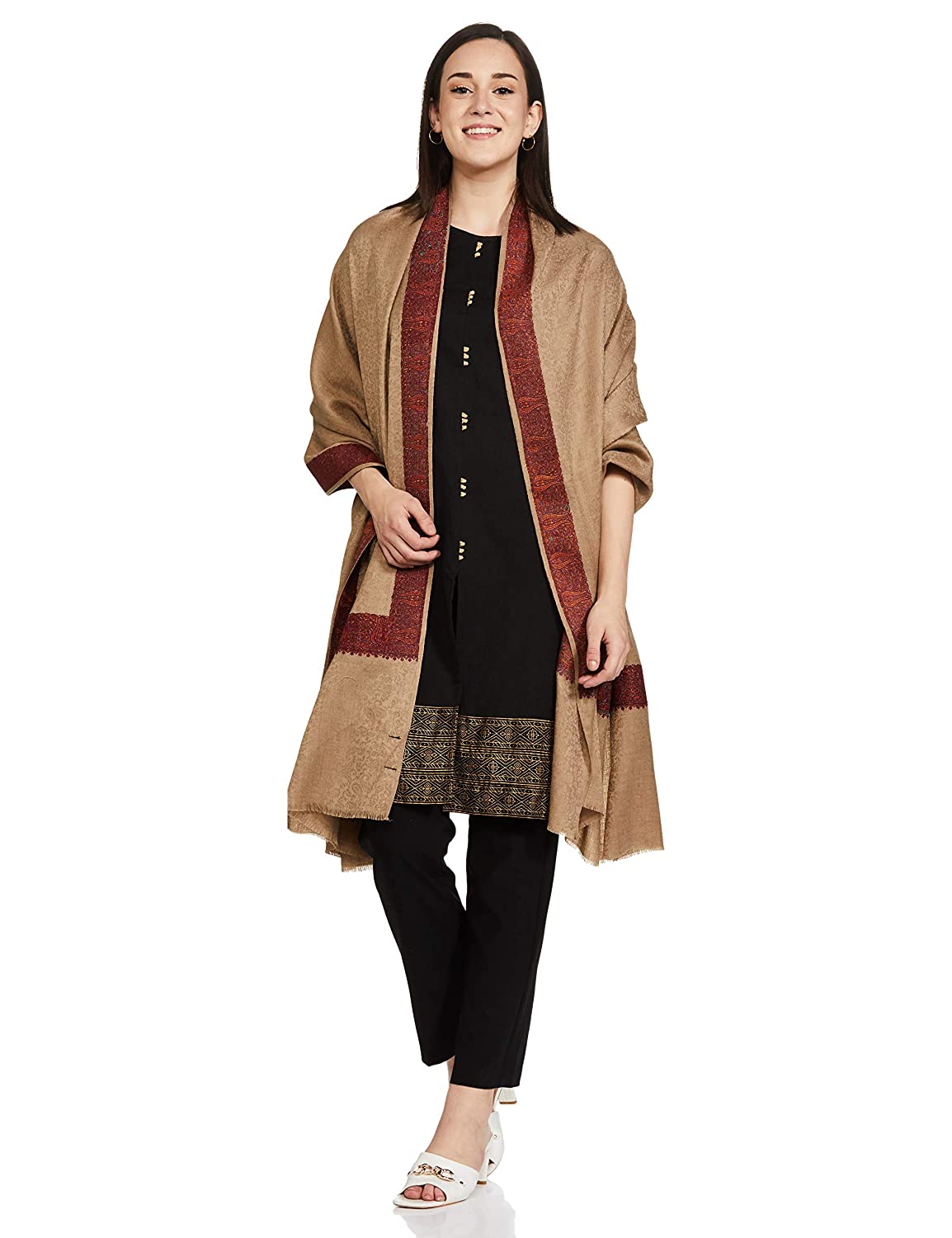 Pashtush India 114x228 Pashtush Women's Woollen Shawl, Kashmiri Silky Thread Embroidery, Large Size, Beige