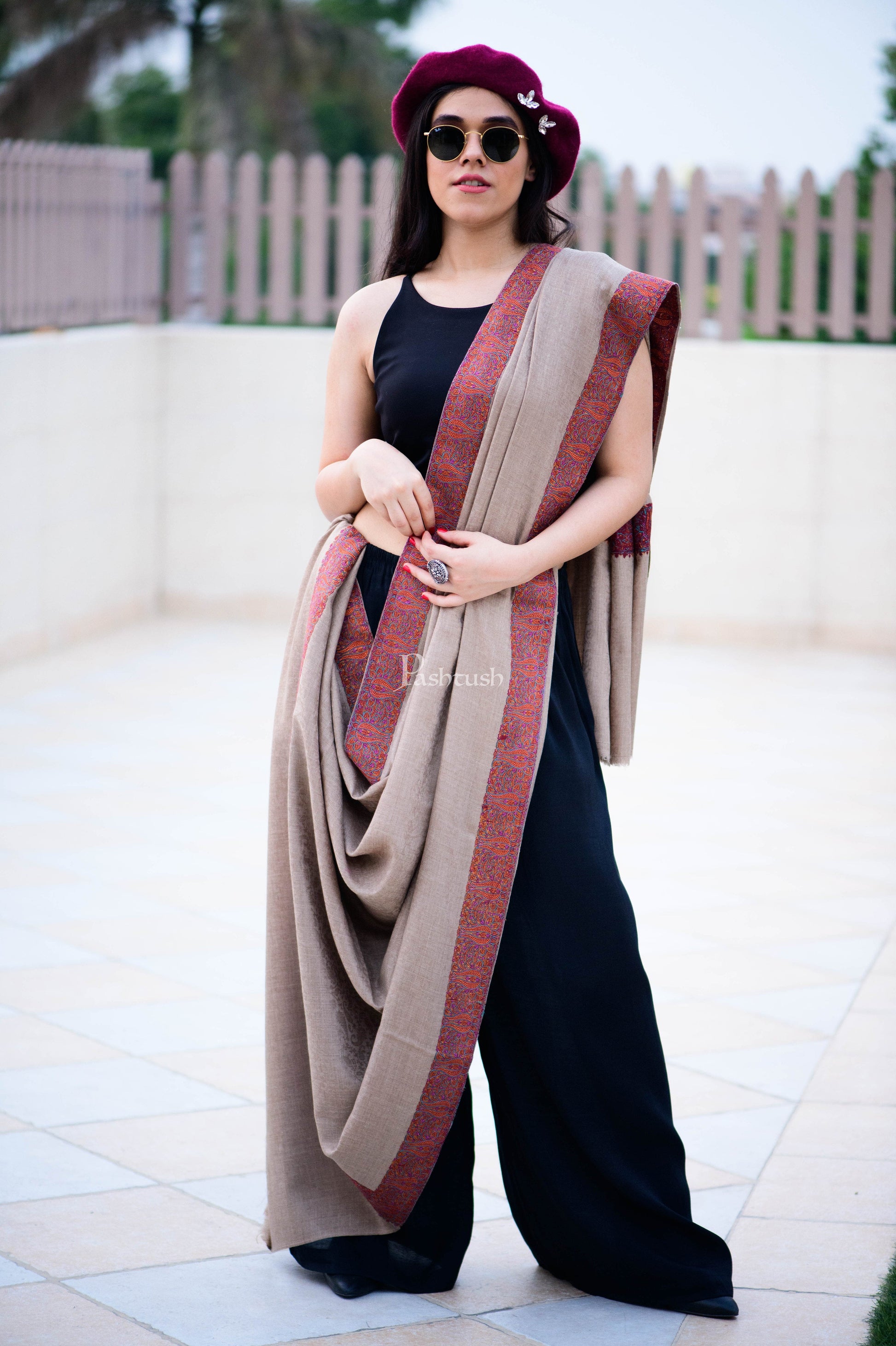 Pashtush India Womens Shawls Pashtush Women'S Woollen Shawl, Silky Thread Embroidery, Large Size, Beige