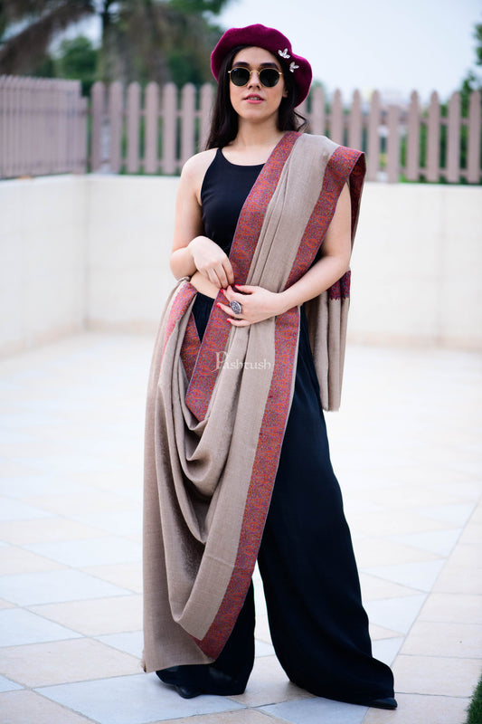 Pashtush India Womens Shawls Pashtush Women'S Woollen Shawl, Silky Thread Embroidery, Large Size, Beige