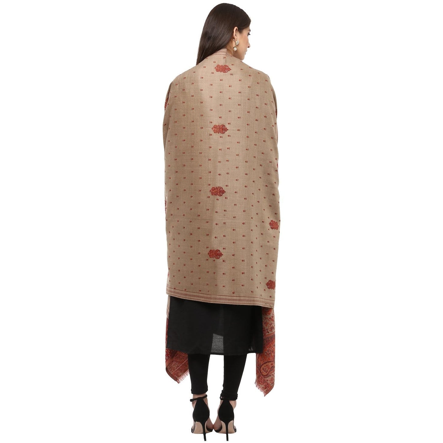 Pashtush Women'S Woollen Shawl With Paisley Palla Beige