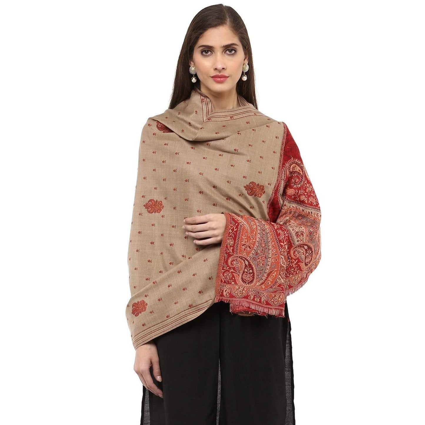 Pashtush Women'S Woollen Shawl With Paisley Palla Beige