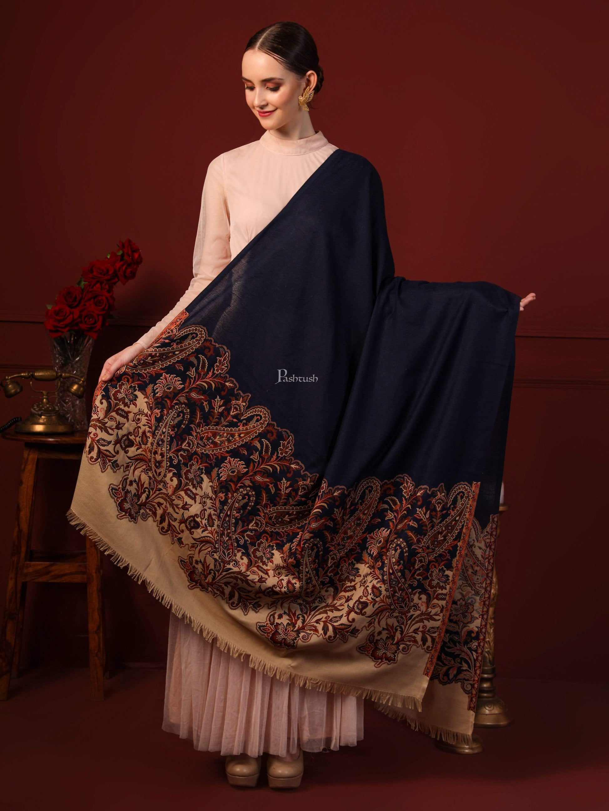 Pashtush India 100x200 Pashtush Women Soft Navy Blue Woven Design Shawl