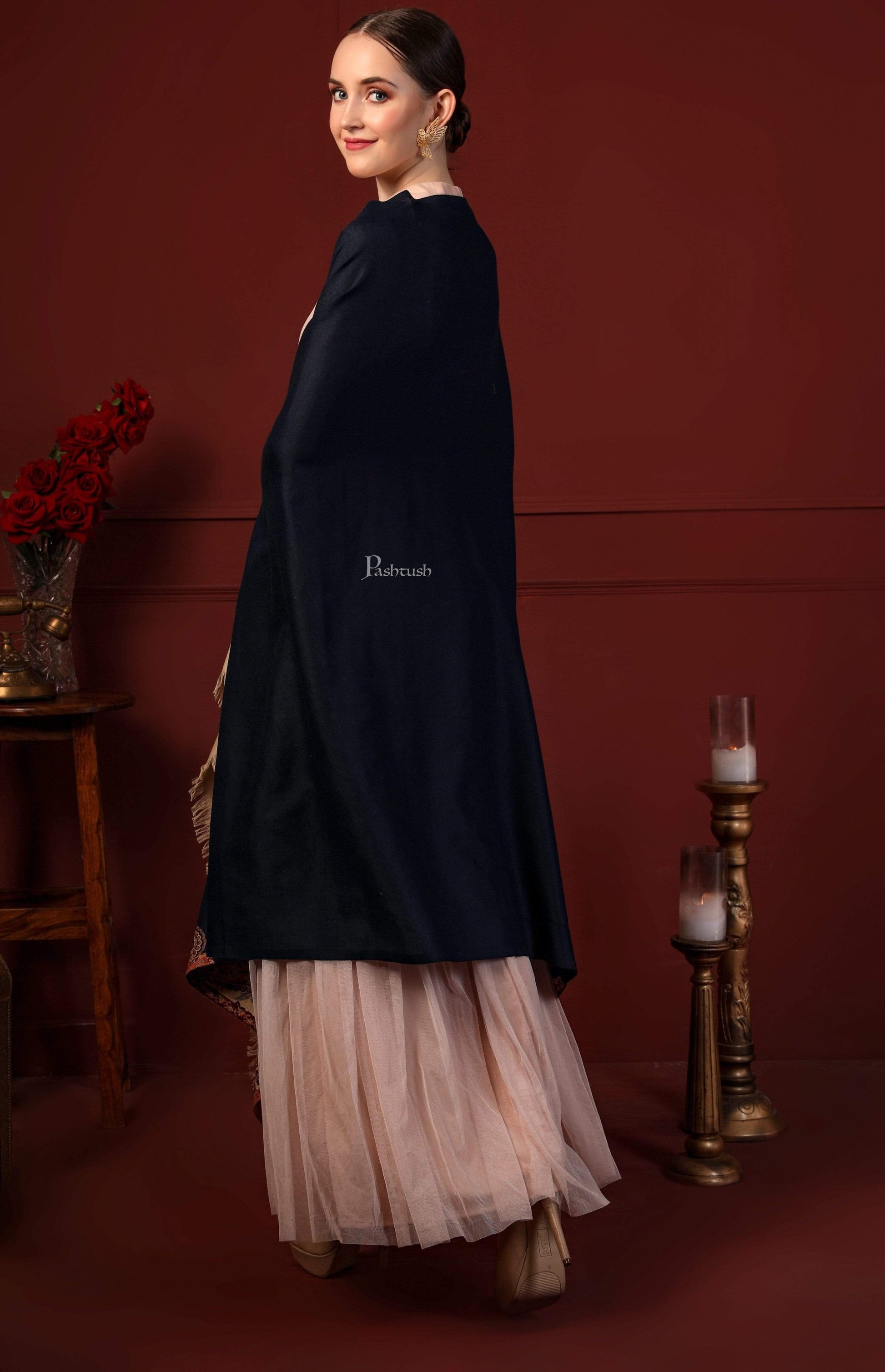 Pashtush India 100x200 Pashtush Women Soft Navy Blue Woven Design Shawl