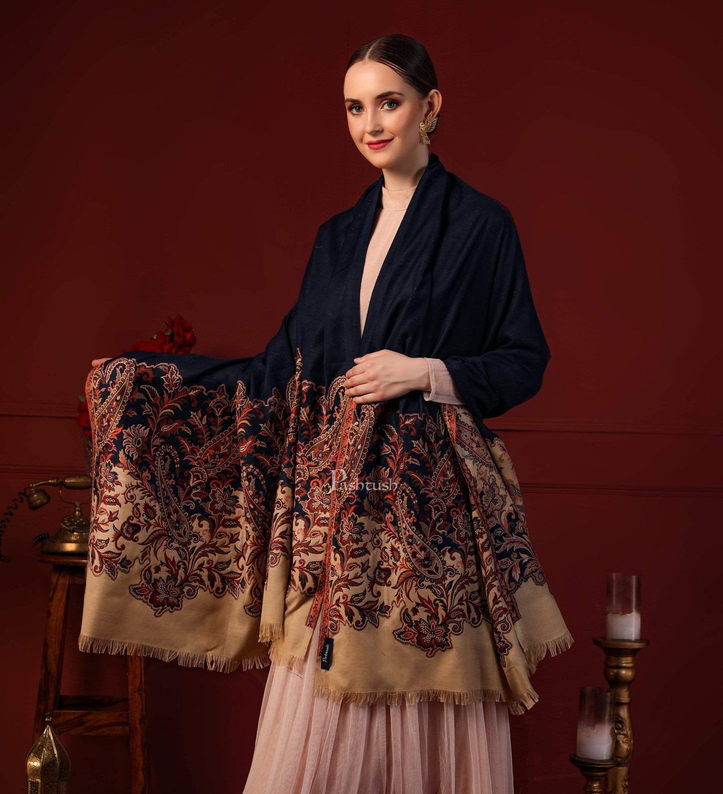 Pashtush India 100x200 Pashtush Women Soft Navy Blue Woven Design Shawl