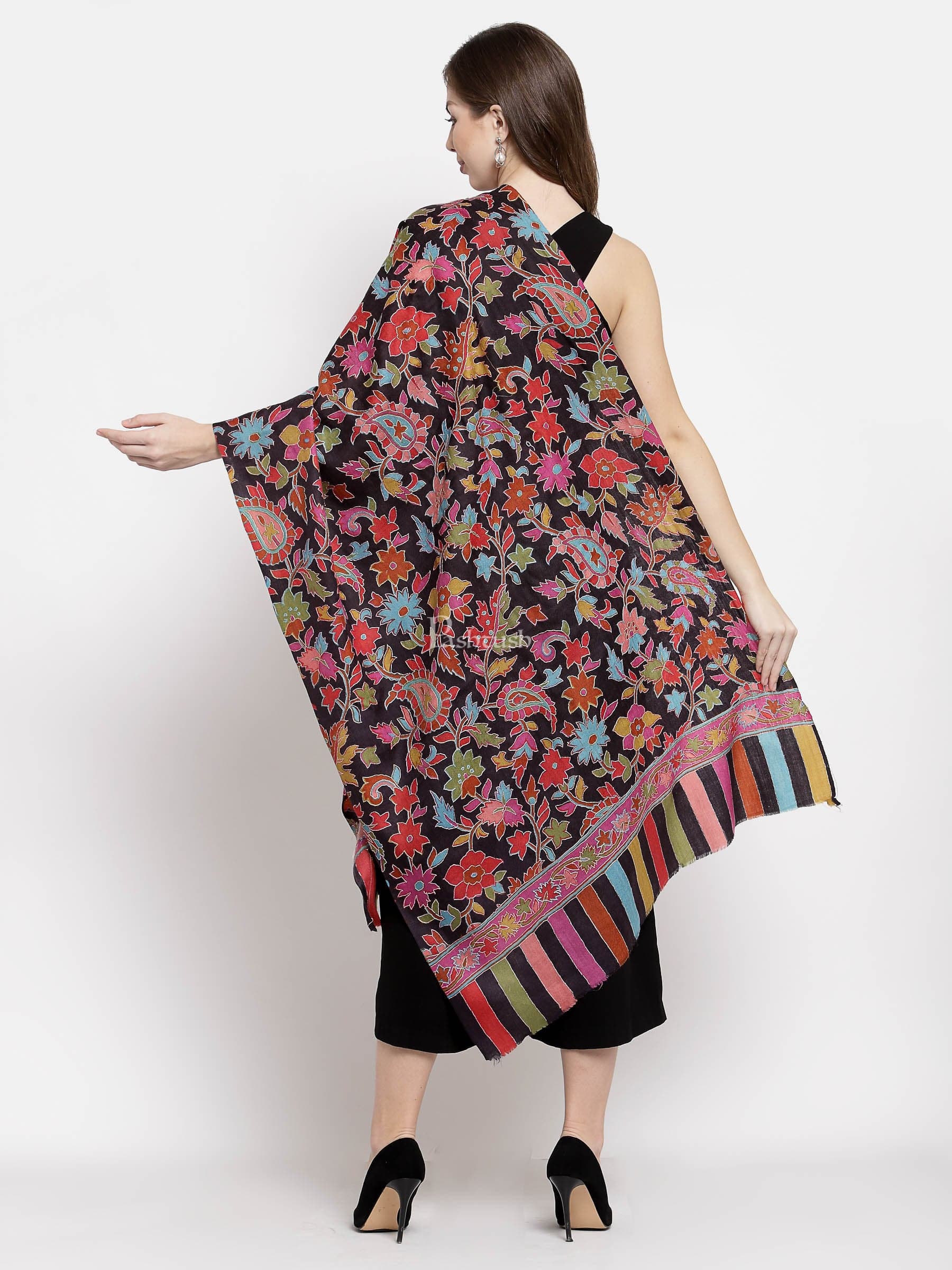 Pashtush India Womens Stoles and Scarves Scarf Pashtush Womens 100% Hand Embroidered Kalamkari Fine Wool Hand Printed Stole, Rich Black
