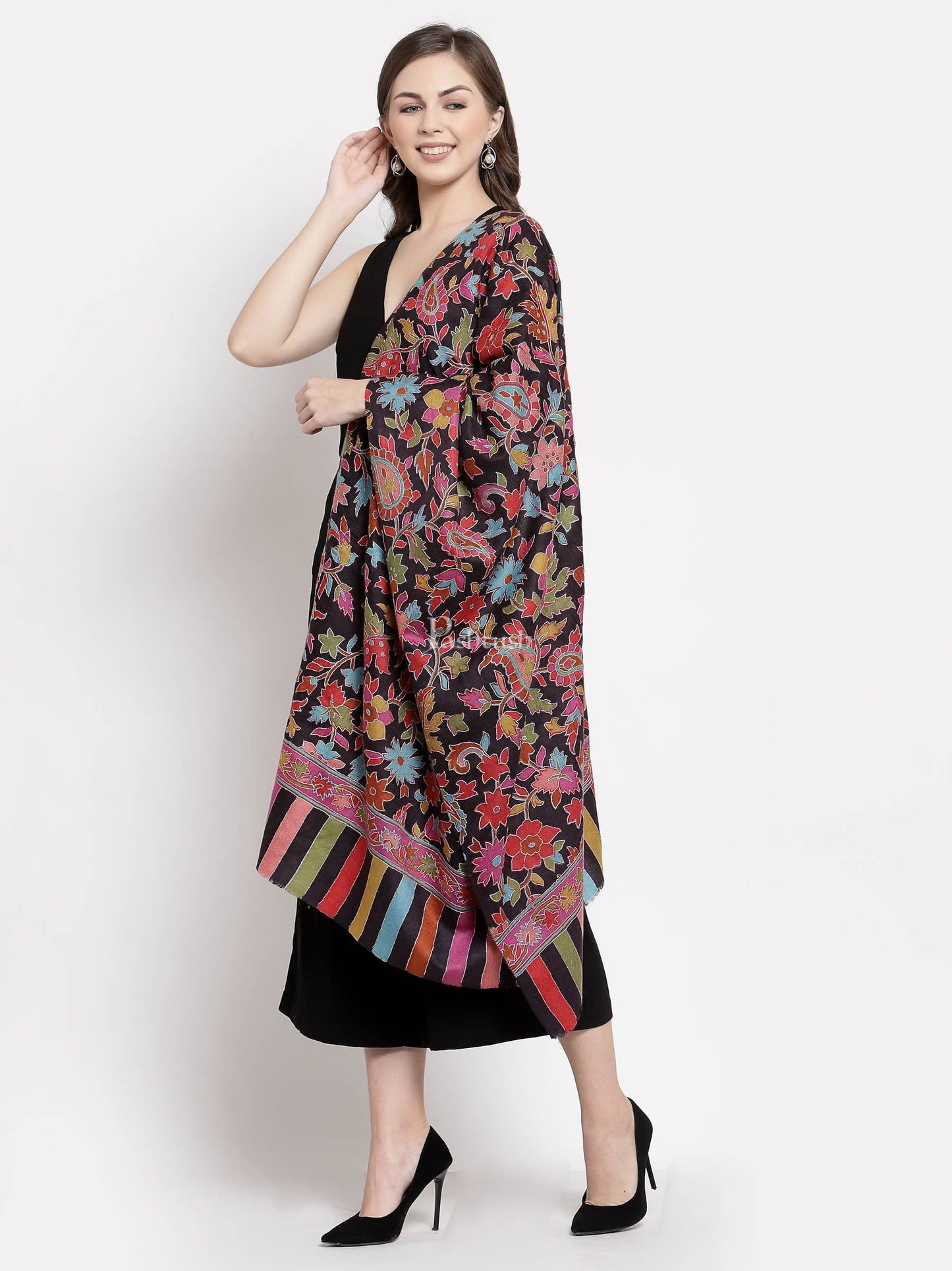 Pashtush India Womens Stoles and Scarves Scarf Pashtush Womens 100% Hand Embroidered Kalamkari Fine Wool Hand Printed Stole, Rich Black