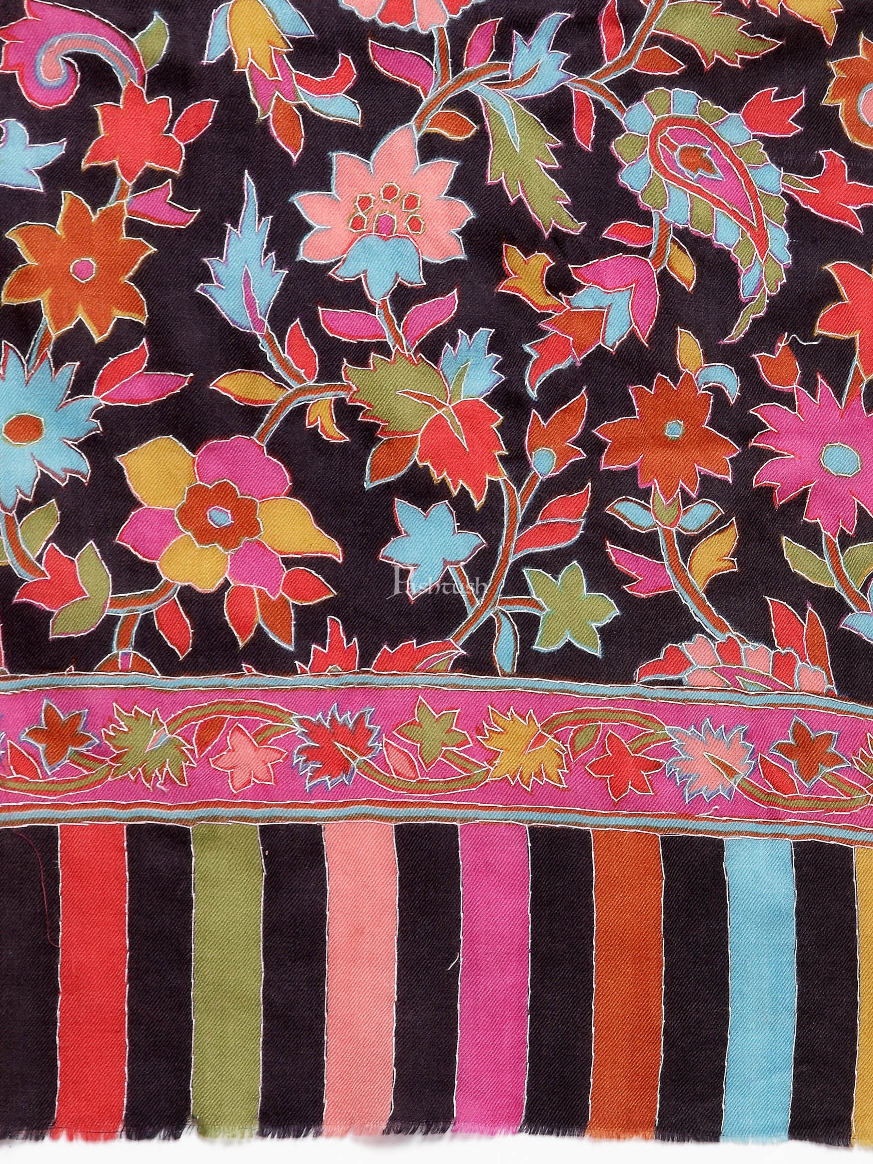 Pashtush India Womens Stoles and Scarves Scarf Pashtush Womens 100% Hand Embroidered Kalamkari Fine Wool Hand Printed Stole, Rich Black