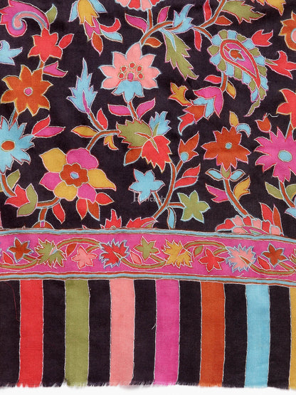 Pashtush India Womens Stoles and Scarves Scarf Pashtush Womens 100% Hand Embroidered Kalamkari Fine Wool Hand Printed Stole, Rich Black