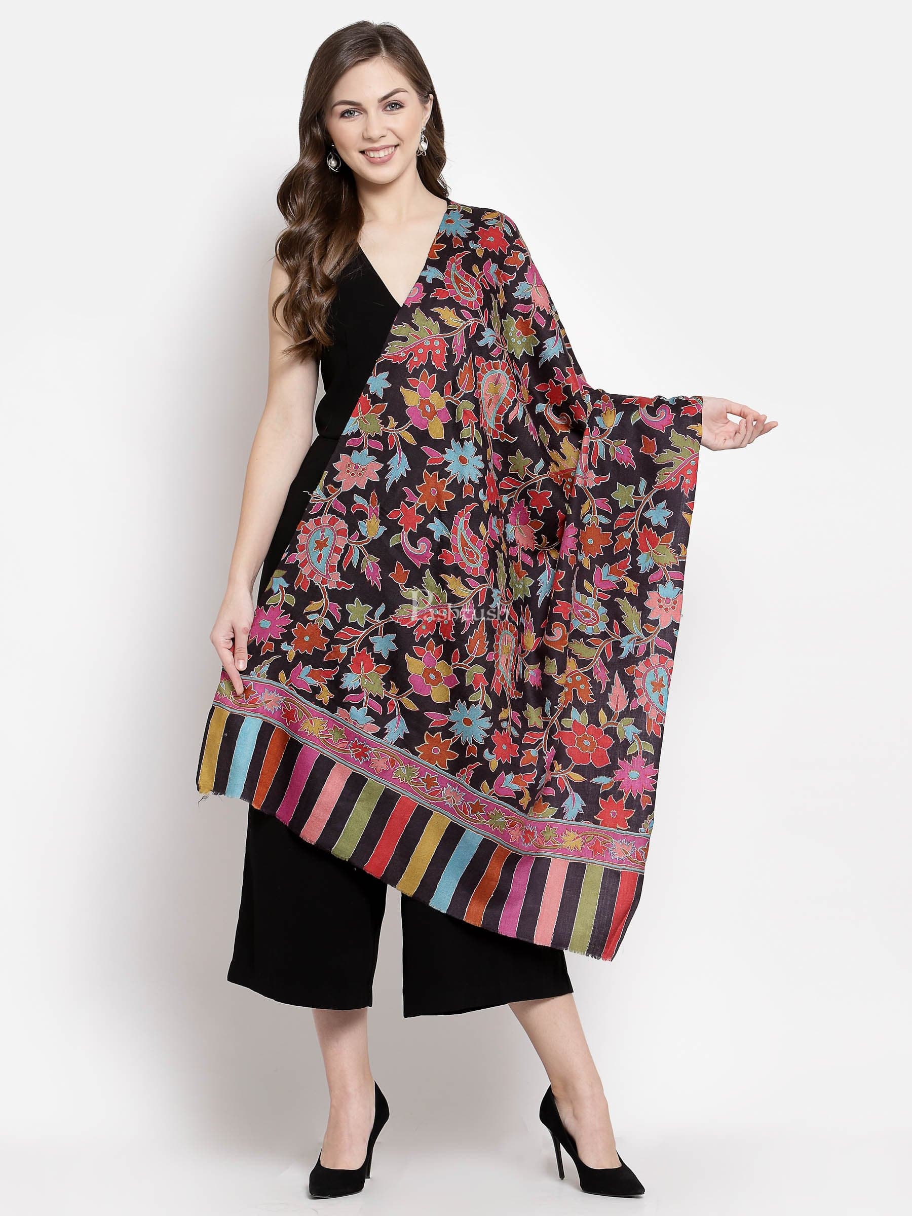 Pashtush India Womens Stoles and Scarves Scarf Pashtush Womens 100% Hand Embroidered Kalamkari Fine Wool Hand Printed Stole, Rich Black