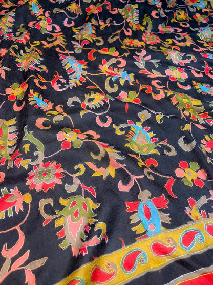Pashtush India Womens Stoles and Scarves Scarf Pashtush Womens 100% Hand Embroidered Kalamkari Fine Wool Hand Printed Stole, Rich Black