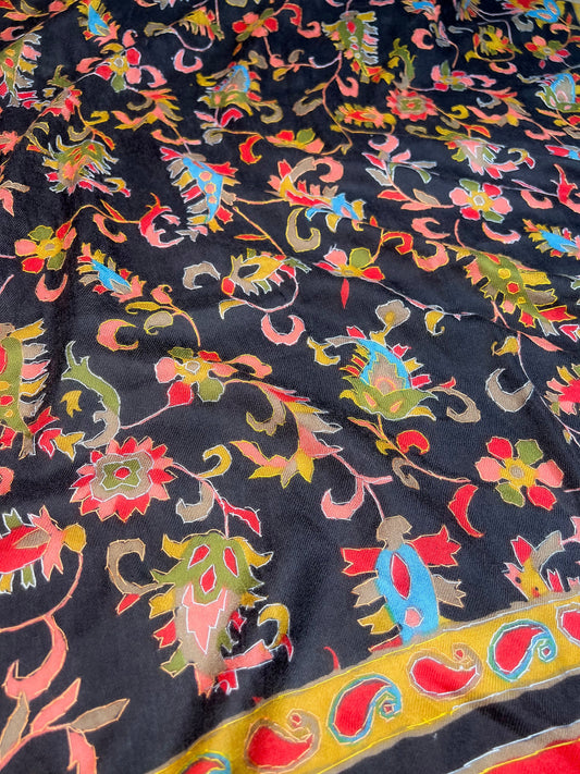 Pashtush India Womens Stoles and Scarves Scarf Pashtush Womens 100% Hand Embroidered Kalamkari Fine Wool Hand Printed Stole, Rich Black