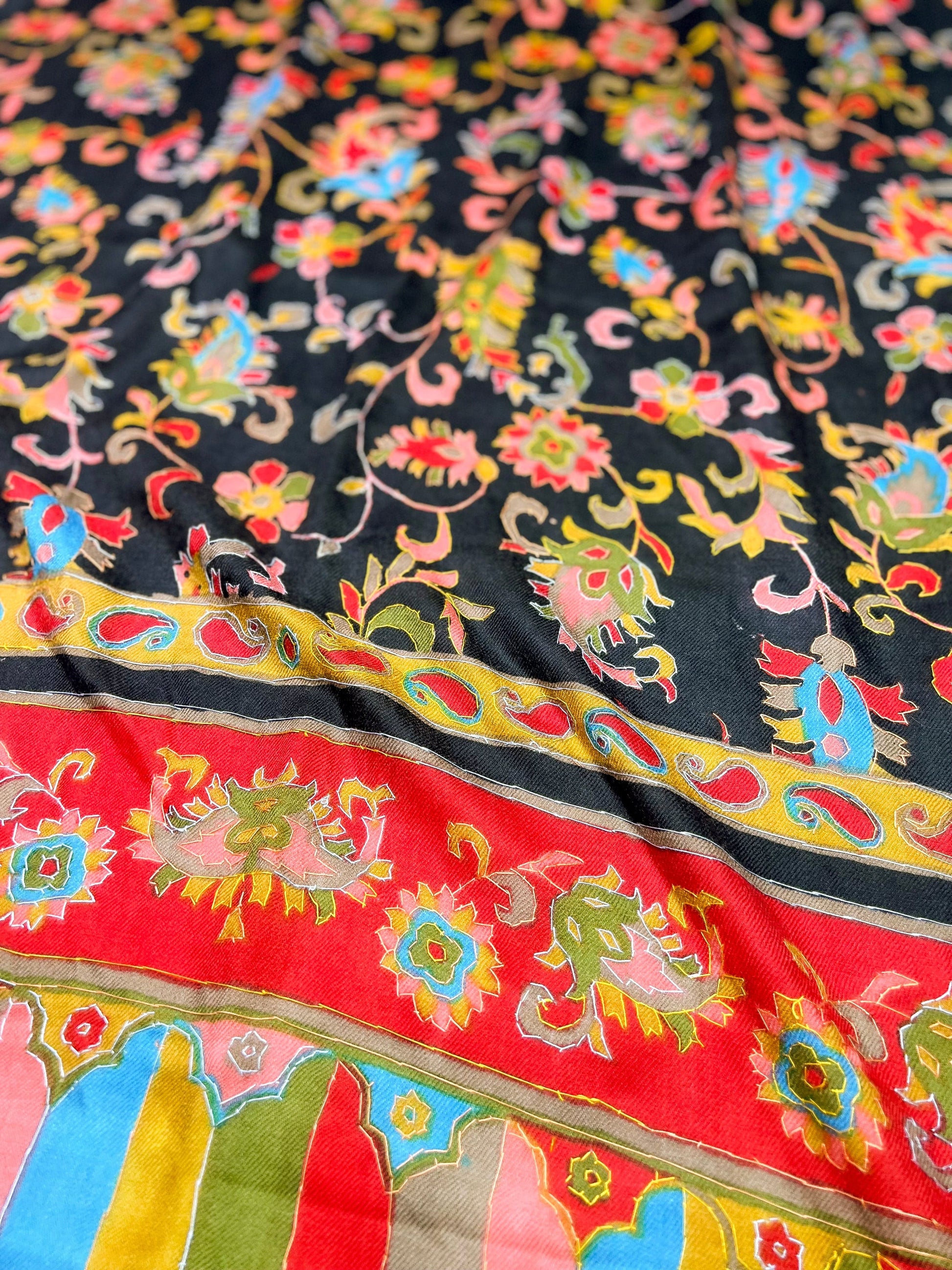 Pashtush India Womens Stoles and Scarves Scarf Pashtush Womens 100% Hand Embroidered Kalamkari Fine Wool Hand Printed Stole, Rich Black