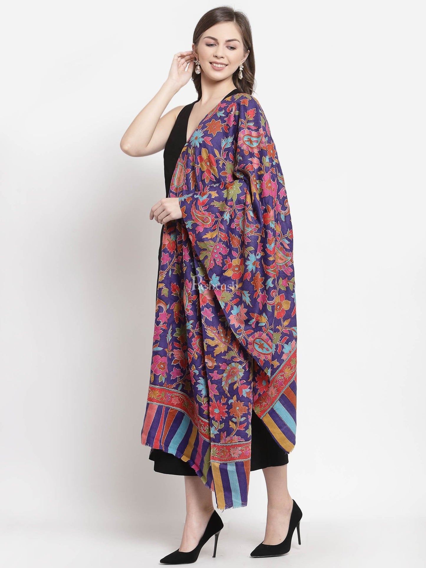 Pashtush India Womens Stoles and Scarves Scarf Pashtush Womens 100% Hand Embroidered Kalamkari Stole, Fine Wool, Blue