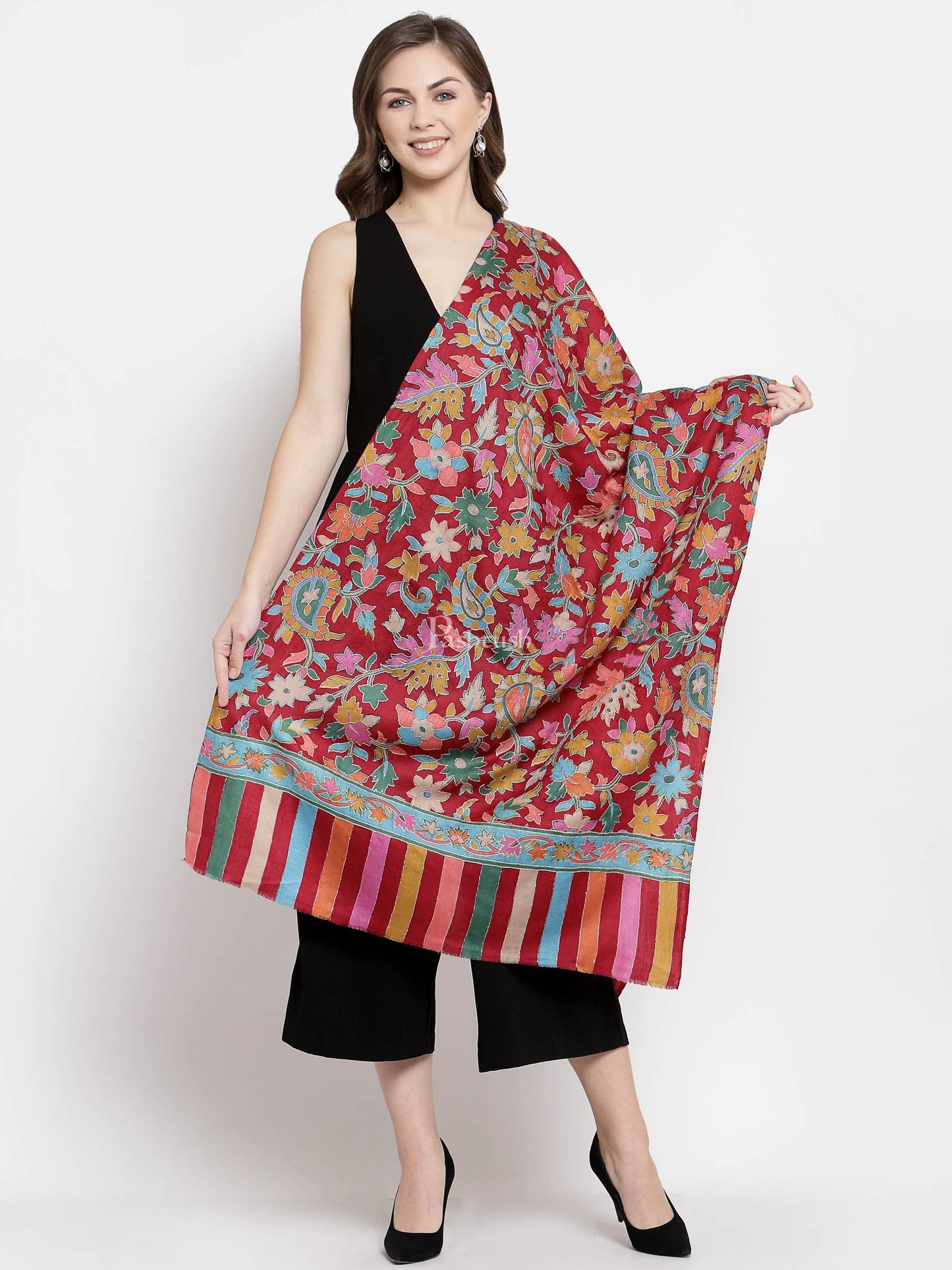 Pashtush India Womens Stoles and Scarves Scarf Pashtush Womens 100% Hand Embroidered Kalamkari Stole, Fine Wool, Crimson Maroon