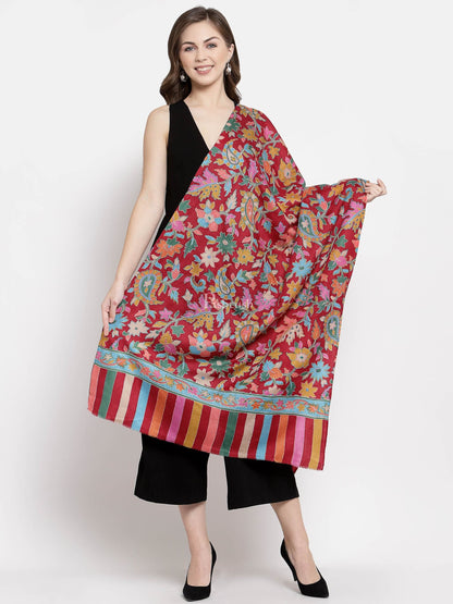 Pashtush India Womens Stoles and Scarves Scarf Pashtush Womens 100% Hand Embroidered Kalamkari Stole, Fine Wool, Crimson Maroon
