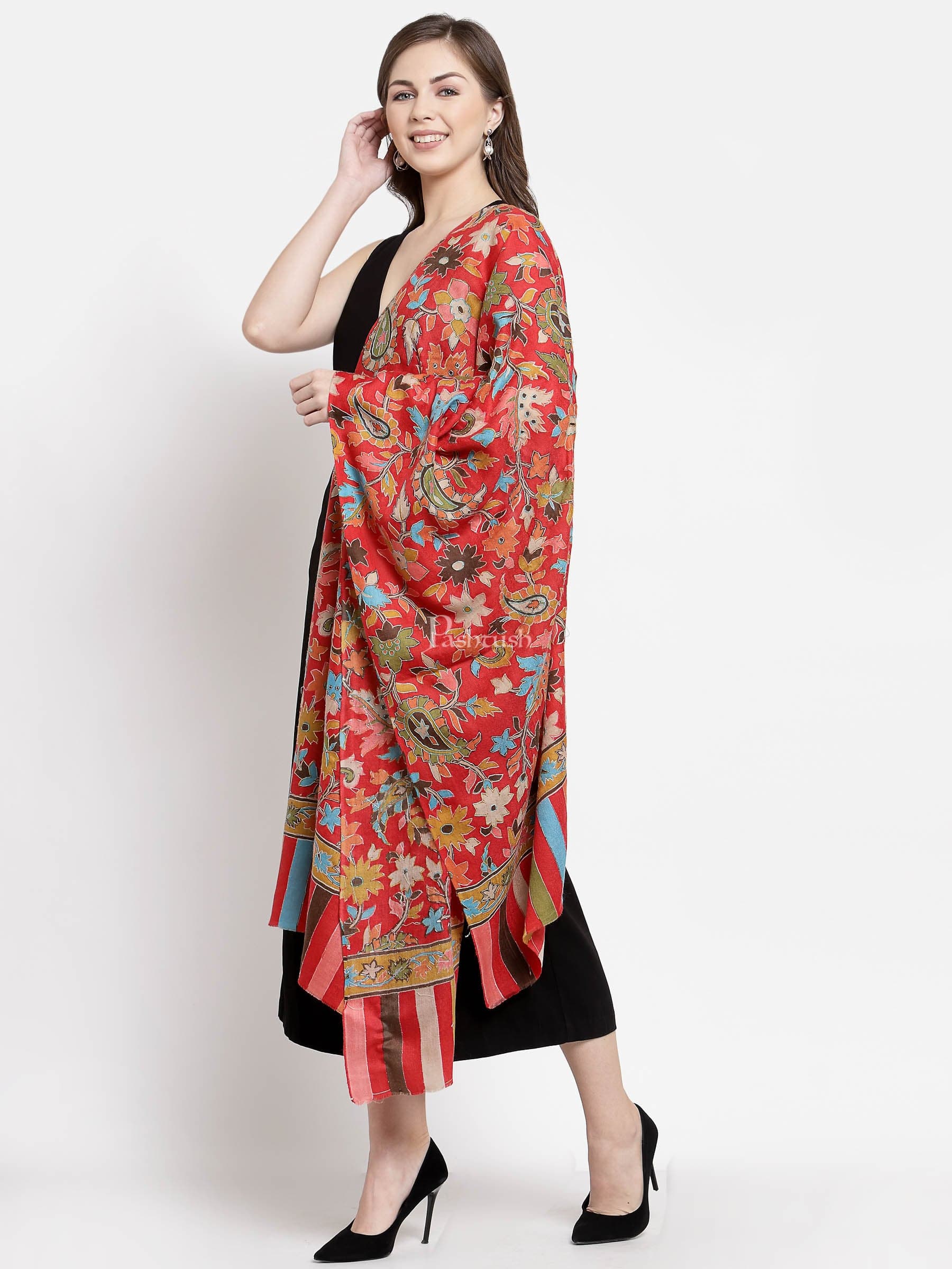 Pashtush India Womens Stoles and Scarves Scarf Pashtush Womens 100% Hand Embroidered Kalamkari Stole, Fine Wool, Scarlet Red
