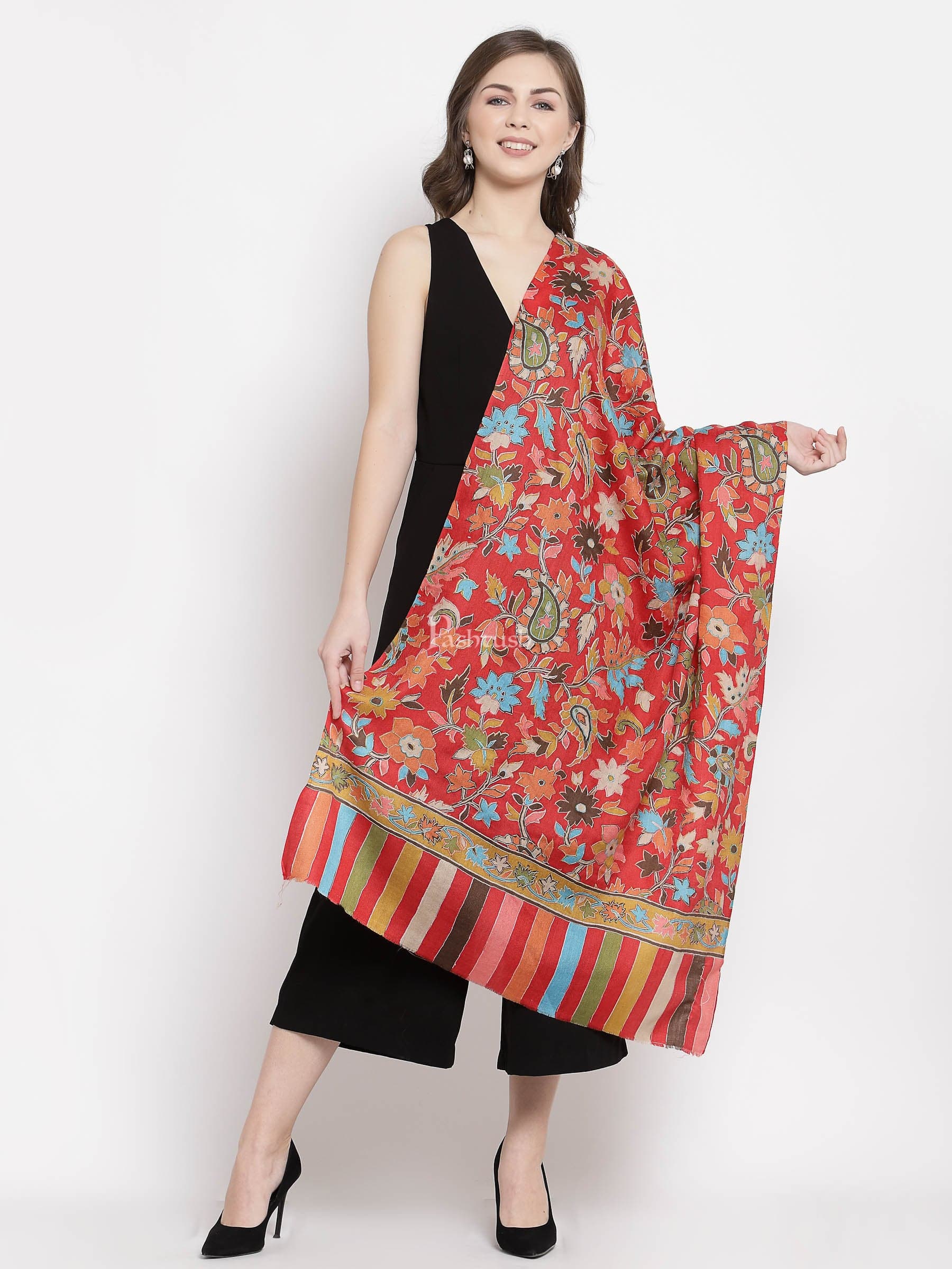 Pashtush India Womens Stoles and Scarves Scarf Pashtush Womens 100% Hand Embroidered Kalamkari Stole, Fine Wool, Scarlet Red