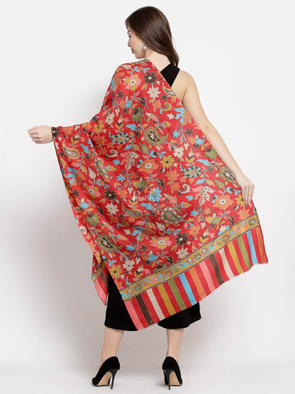 Pashtush India Womens Stoles and Scarves Scarf Pashtush Womens 100% Hand Embroidered Kalamkari Stole, Fine Wool, Scarlet Red
