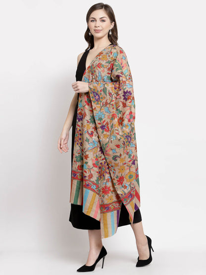 Pashtush India Womens Stoles and Scarves Scarf Pashtush Womens 100% Hand Embroidered Kalamkari Stole, Fine Wool, Tuscan Beige