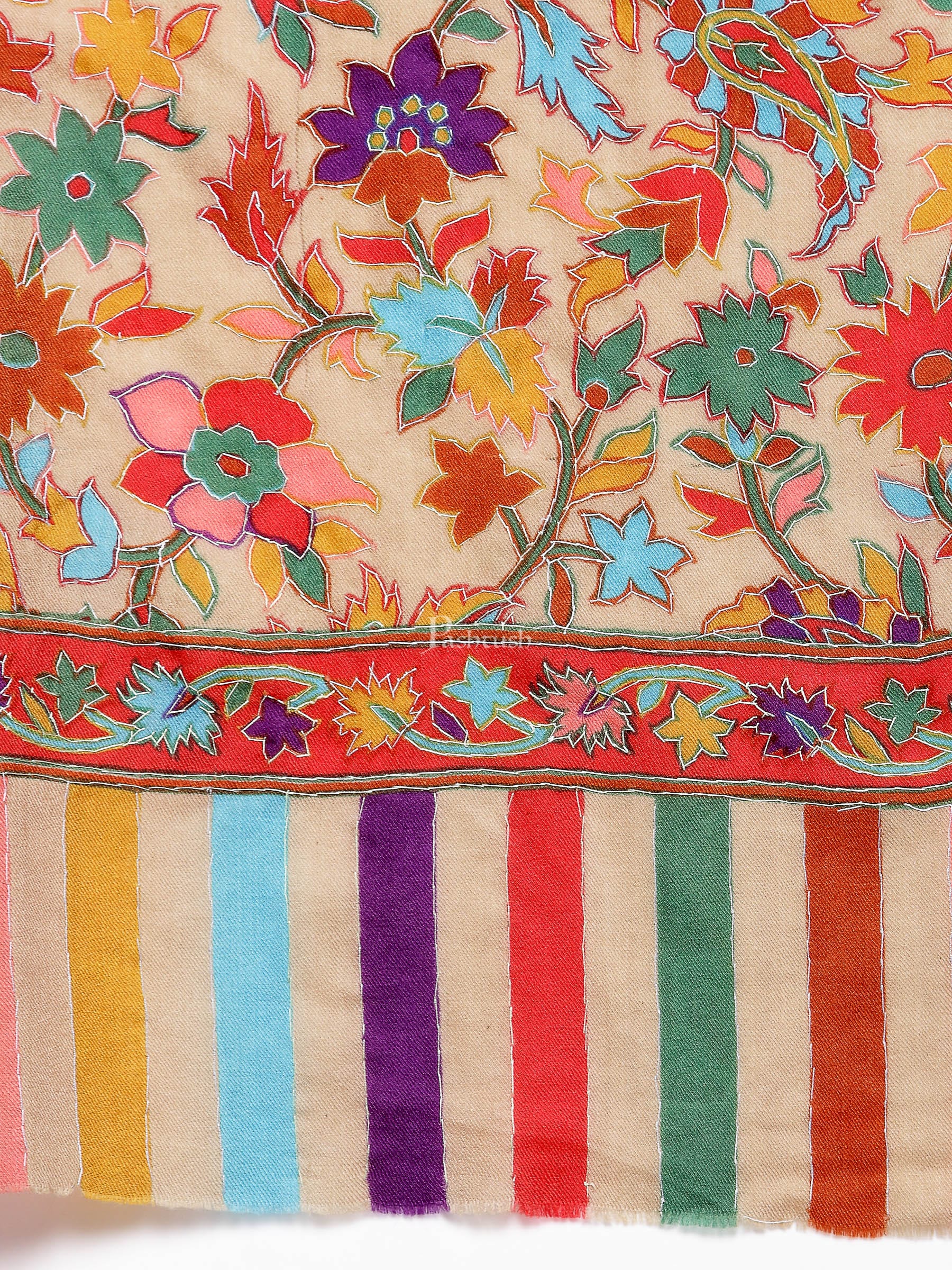 Pashtush India Womens Stoles and Scarves Scarf Pashtush Womens 100% Hand Embroidered Kalamkari Stole, Fine Wool, Tuscan Beige