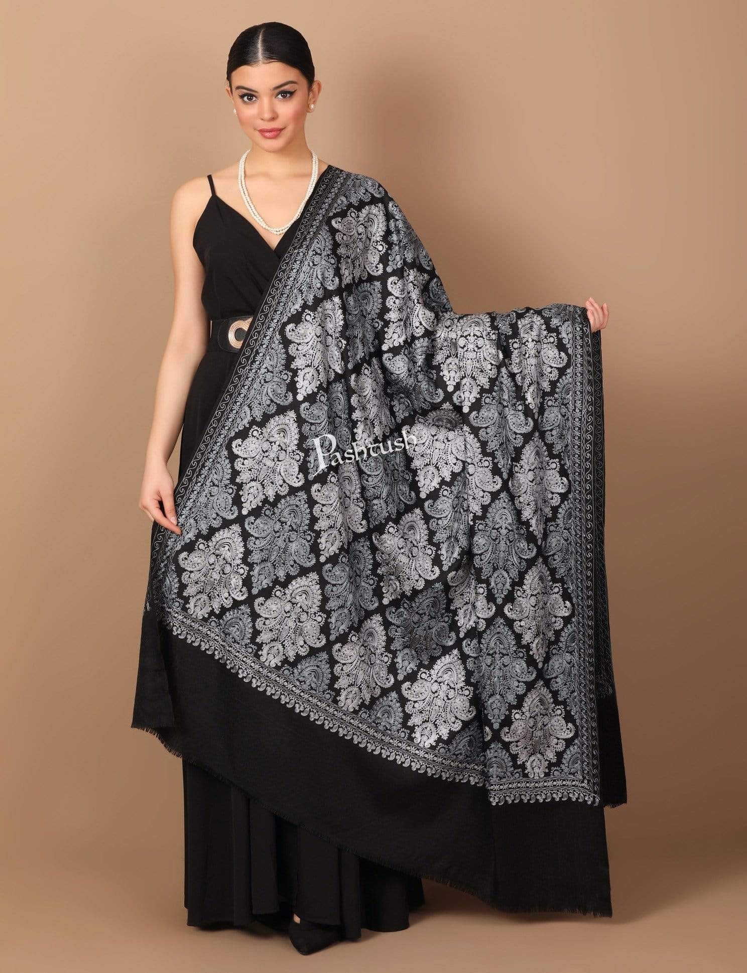 Pashtush India 100x200 Pashtush Womens 100% pure wool Nalki Embroidery Needlework Shawl, Black( woolmark )