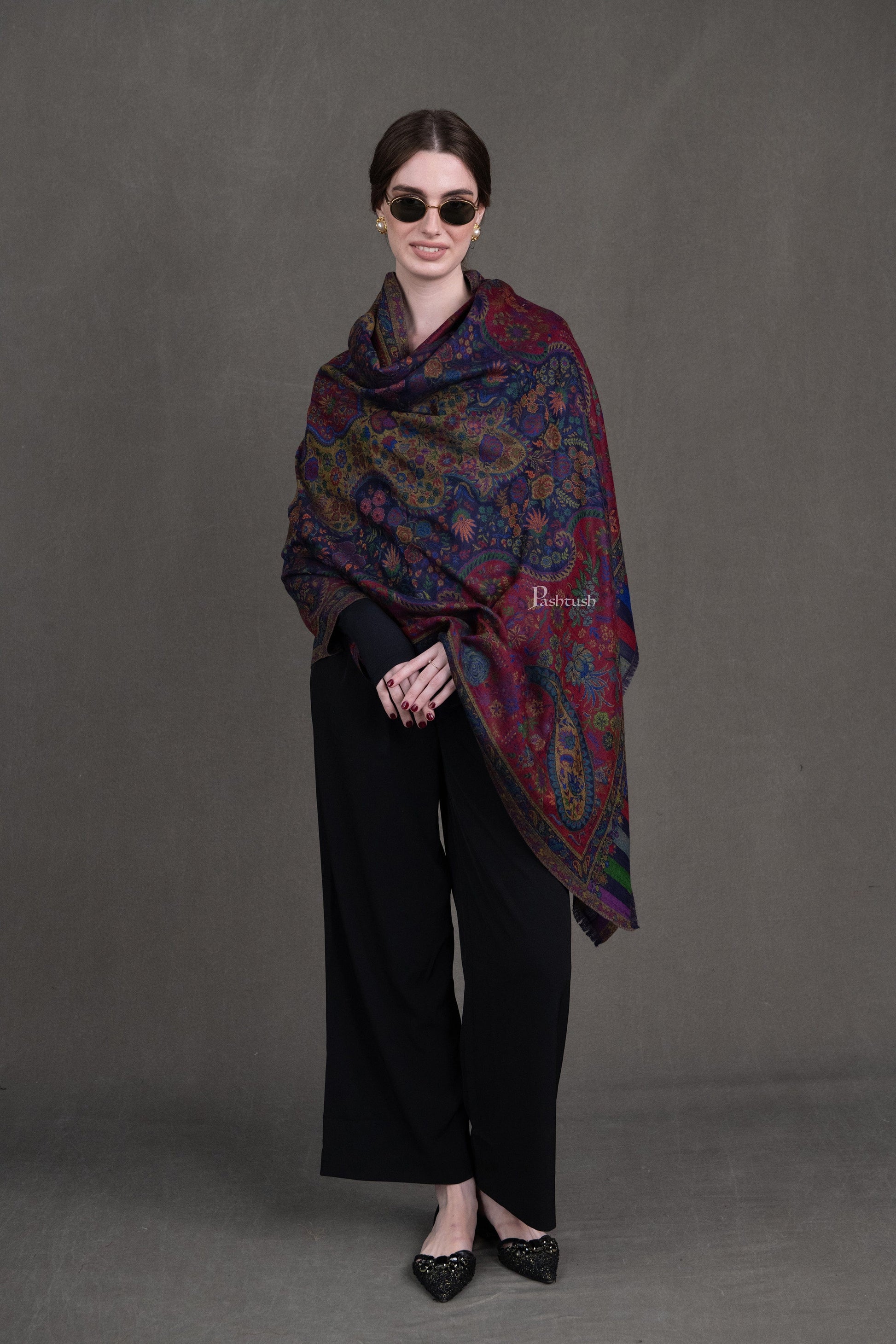 Pashtush India Womens Shawls Pashtush Womens 100% Pure Wool With Woolmark Certificate Shawl, Antique Paisley Woven Design, Multicoloured