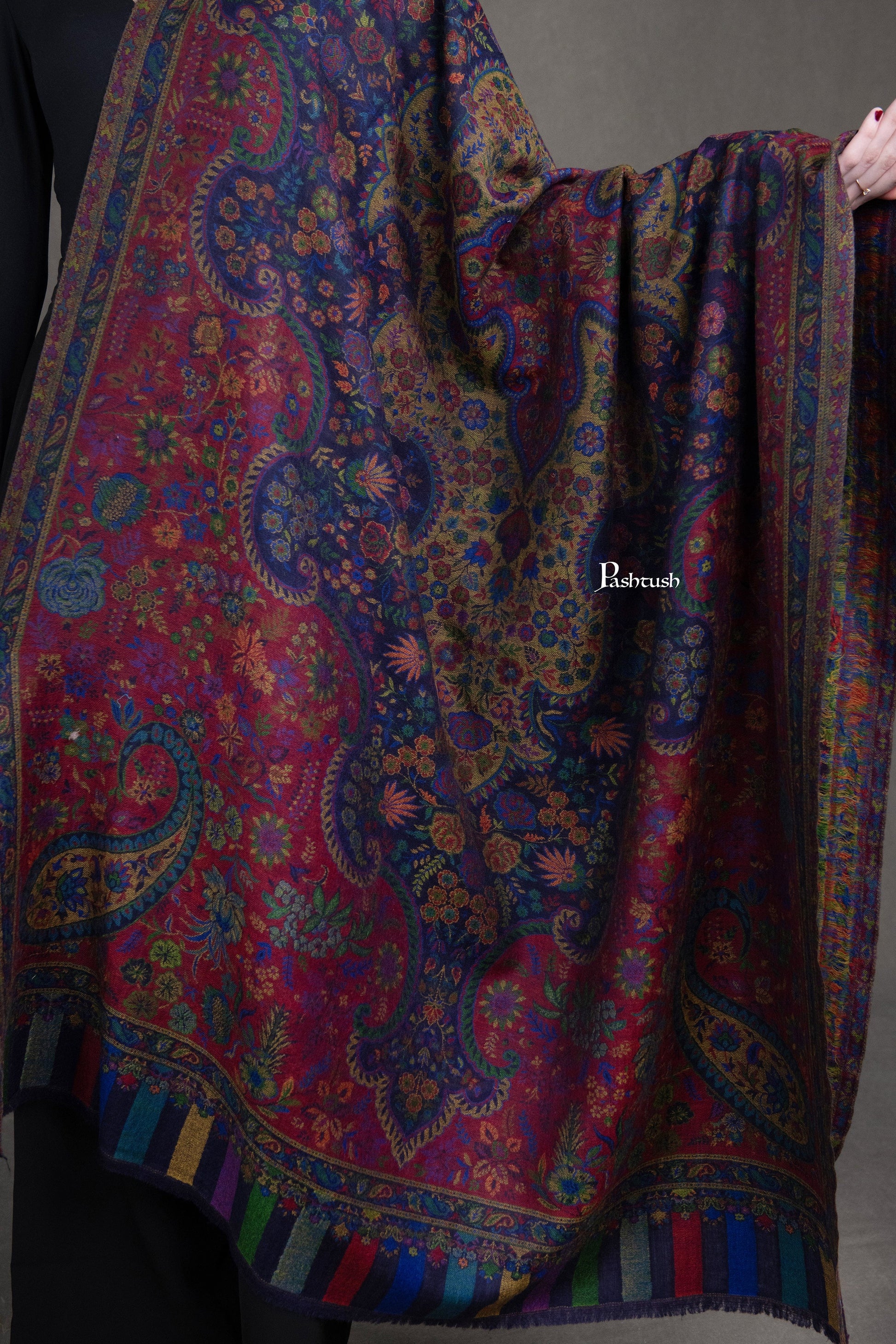 Pashtush India Womens Shawls Pashtush Womens 100% Pure Wool With Woolmark Certificate Shawl, Antique Paisley Woven Design, Multicoloured