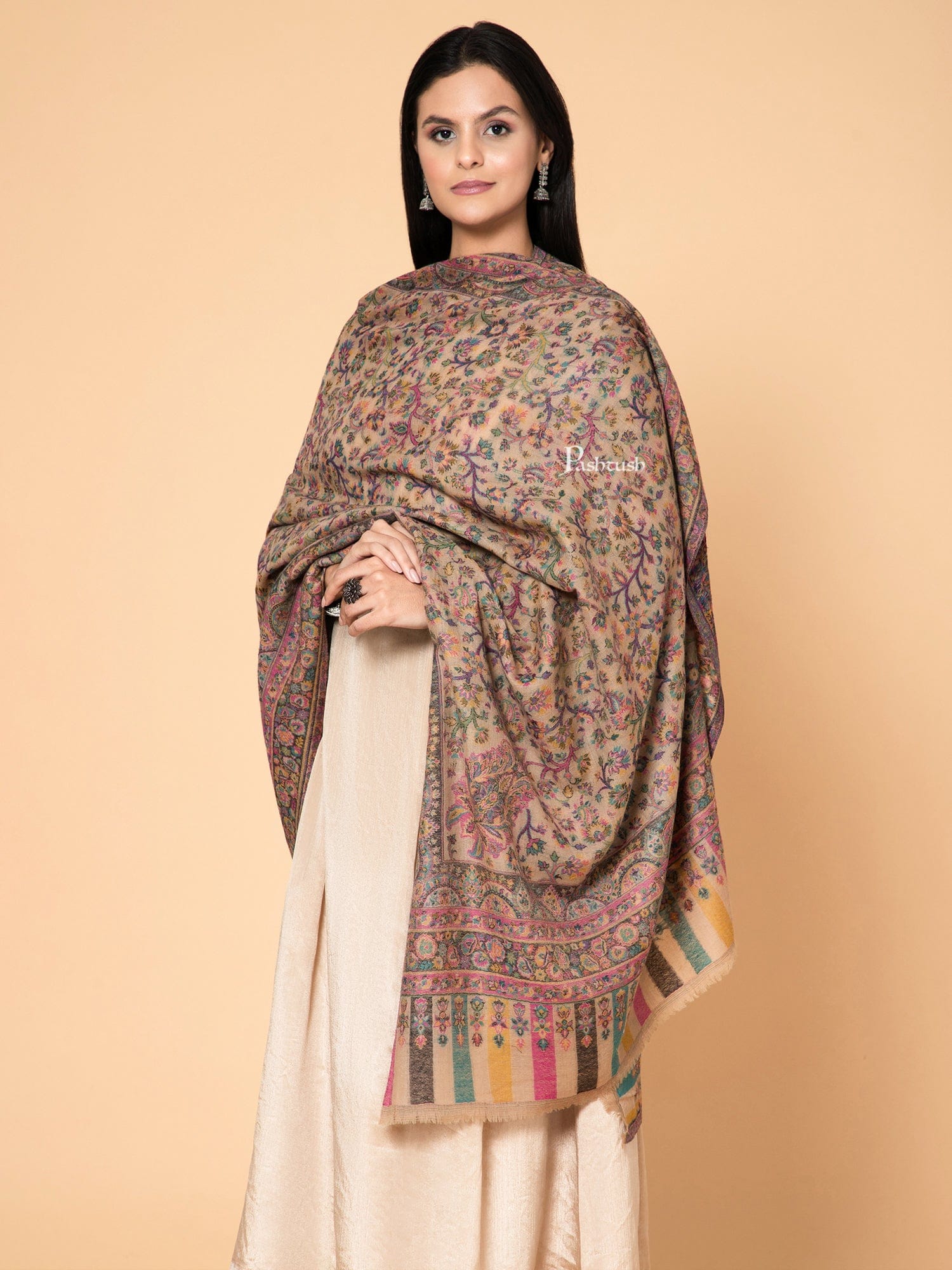 Pashtush India Womens Shawls Pashtush Womens 100% Pure Wool With Woolmark Certificate Shawl, Ethnic Paisley  Weave ,Soft And Warm Design, Beige