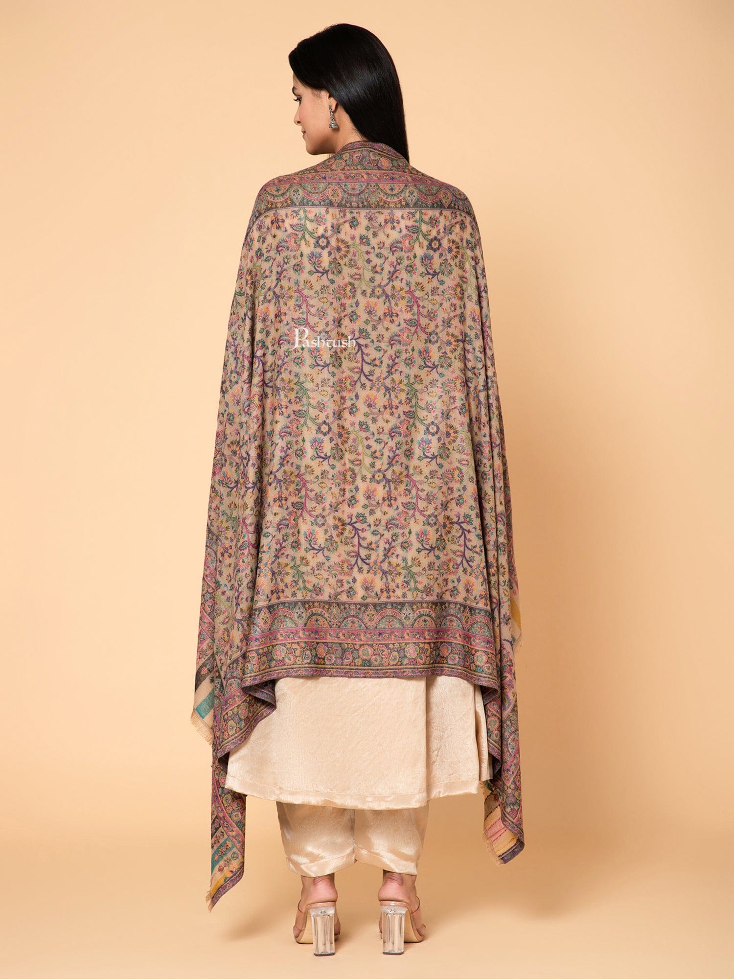Pashtush India Womens Shawls Pashtush Womens 100% Pure Wool With Woolmark Certificate Shawl, Ethnic Paisley  Weave ,Soft And Warm Design, Beige