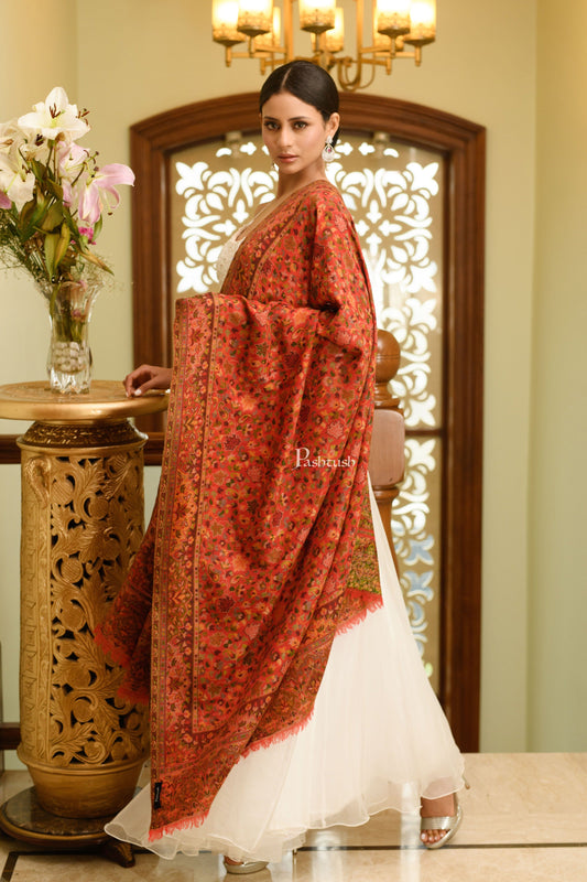 Pashtush India Womens Shawls Pashtush Womens 100% Pure Wool With Woolmark Certificate Shawl, Ethnic Weave Design, Red