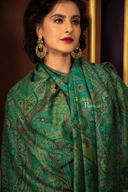 Pashtush India Womens Shawls Pashtush Womens 100% Pure Wool With Woolmark Certificate Shawl, Ethnic Weave Soft And Warm Design, Green