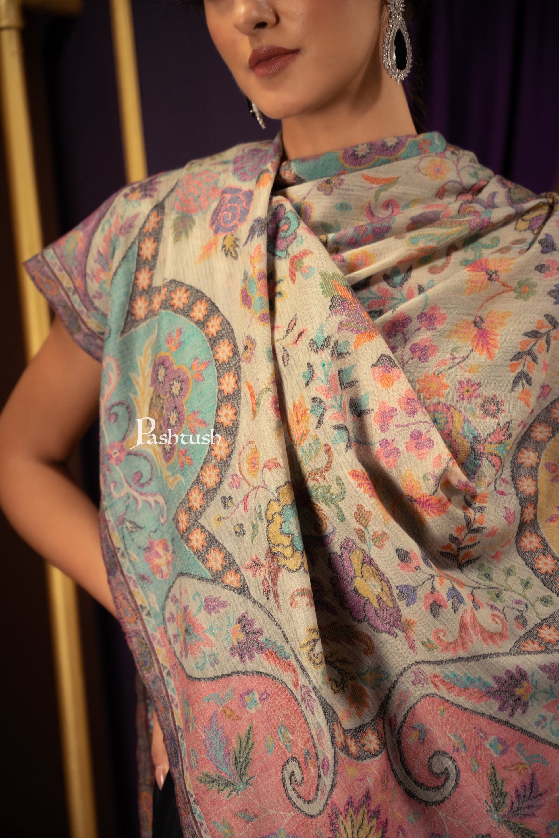 Pashtush India Womens Shawls Pashtush Womens 100% Pure Wool With Woolmark Certificate Shawl, Ethnic Weave Soft And Warm Design, Ivory
