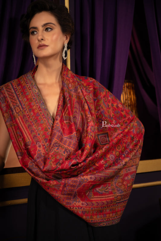 Pashtush India Womens Shawls Pashtush Womens 100% Pure Wool With Woolmark Certificate Shawl, Ethnic Weave Soft And Warm Design, Maroon