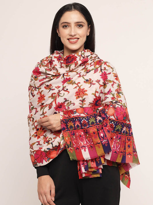 Pashtush India Womens Shawls Pashtush womens 100% Pure Wool with Woolmark Certificate shawl, hand printed and nalki embroidery design, Multicolour