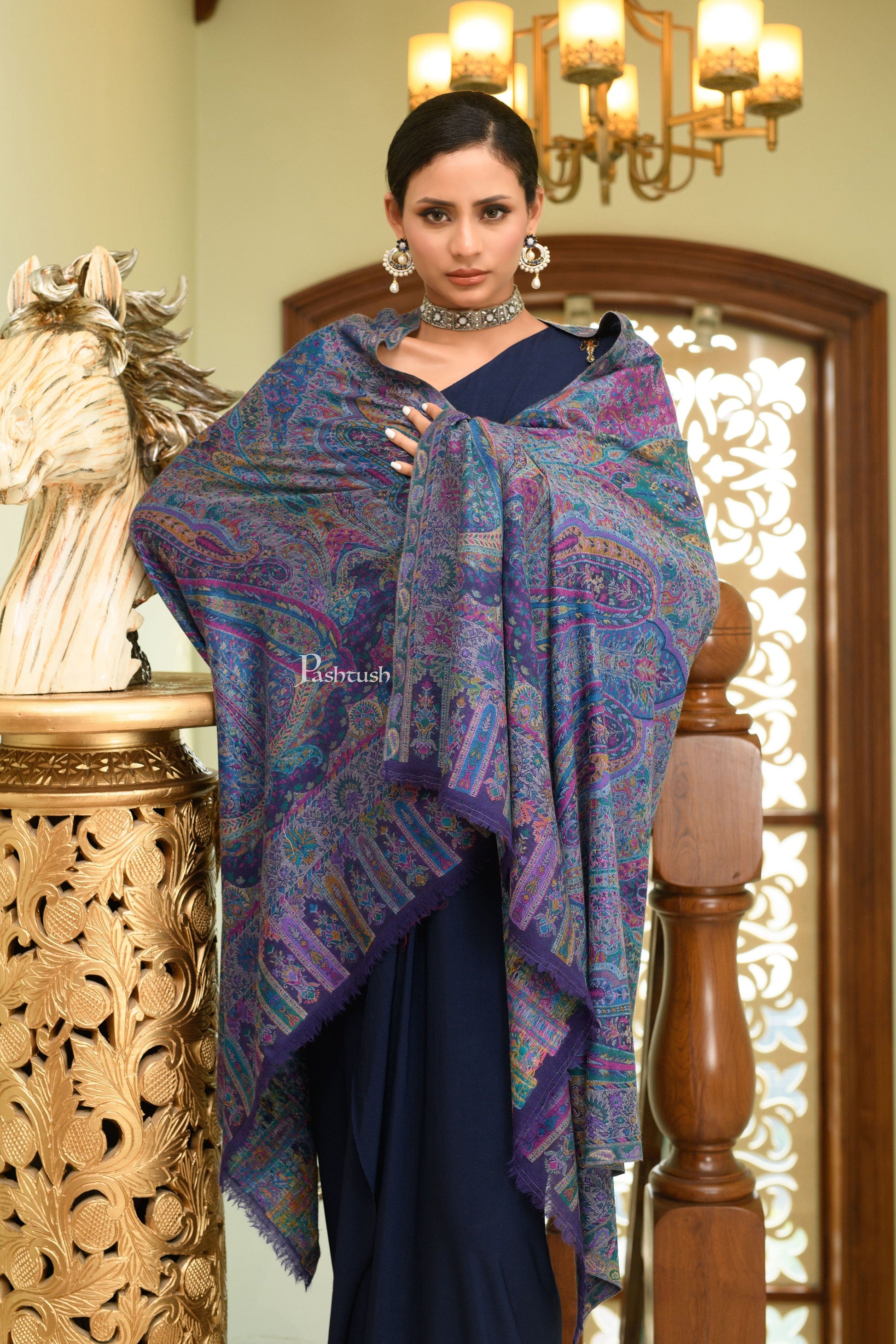 Pashtush India Womens Shawls Pashtush Womens 100% Pure Wool With Woolmark Certificate Shawl, Kalamkari Weave, Antique Aesthetic Woven Design, Blue