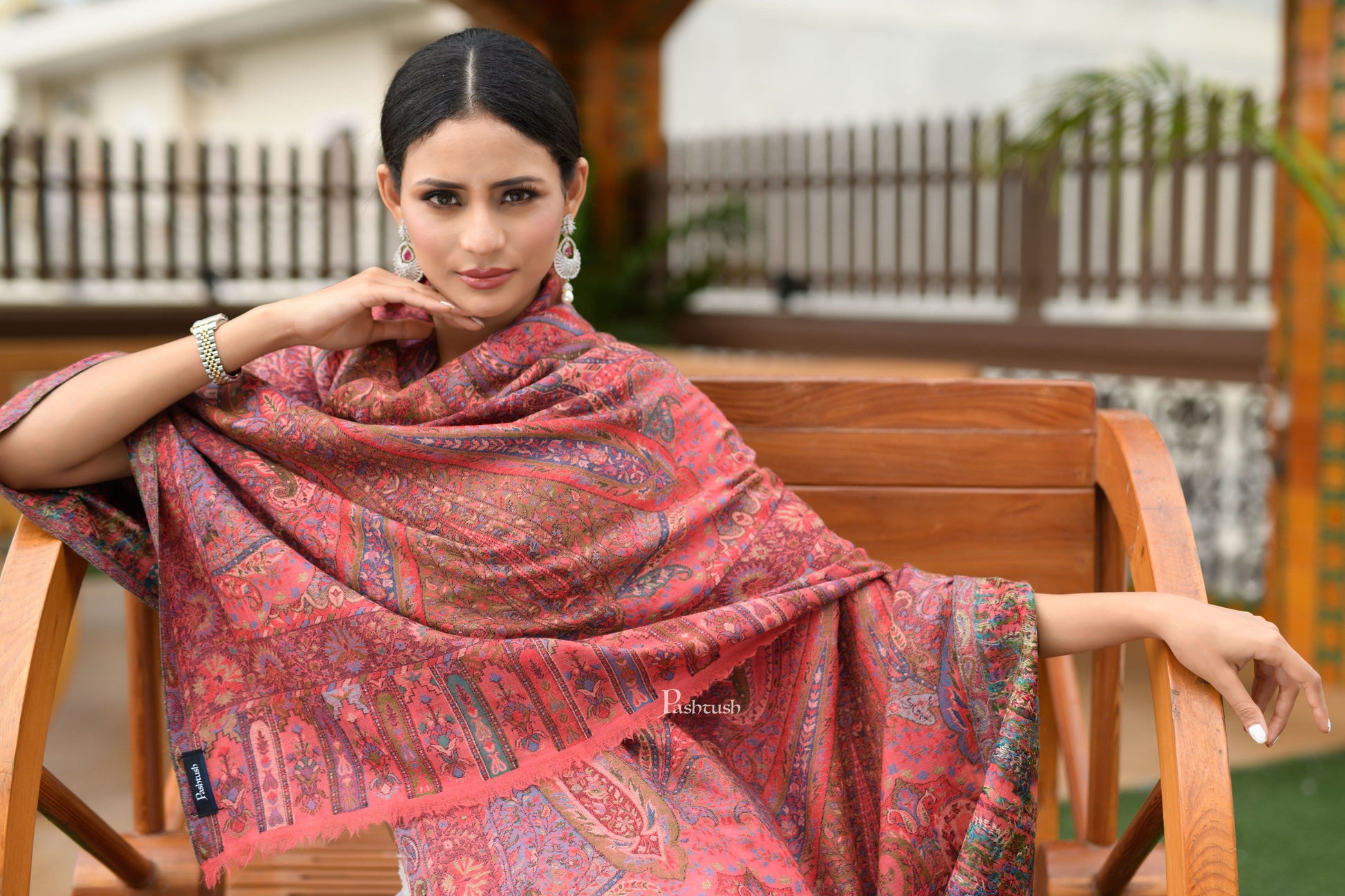 Pashtush India Womens Shawls Pashtush Womens 100% Pure Wool With Woolmark Certificate Shawl, Kalamkari Weave, Antique Aesthetic Woven Design, Rose
