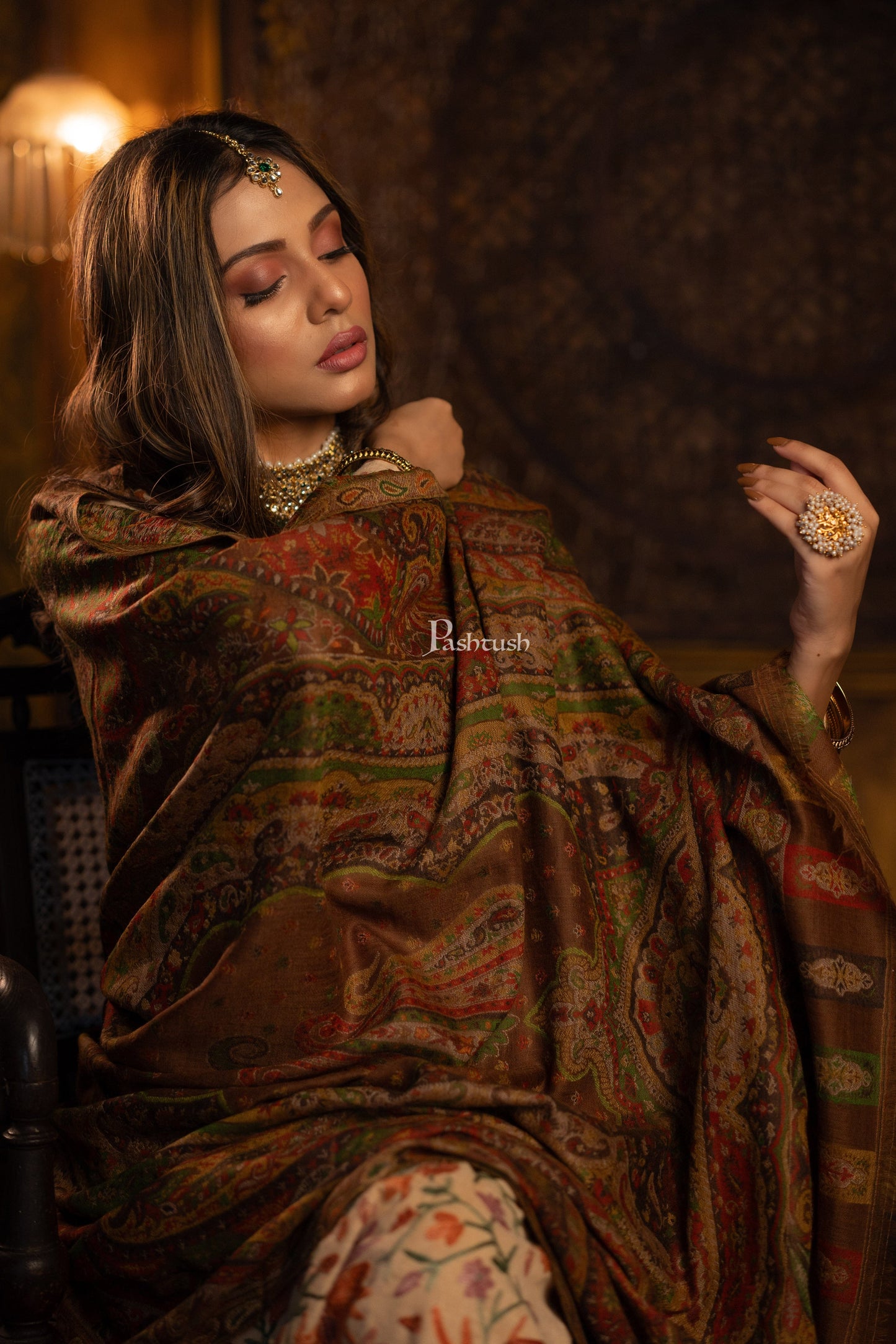 Pashtush India Womens Shawls Pashtush Womens 100% Pure Wool With Woolmark Certificate Shawl, Pasiley Weave' Design, Brown