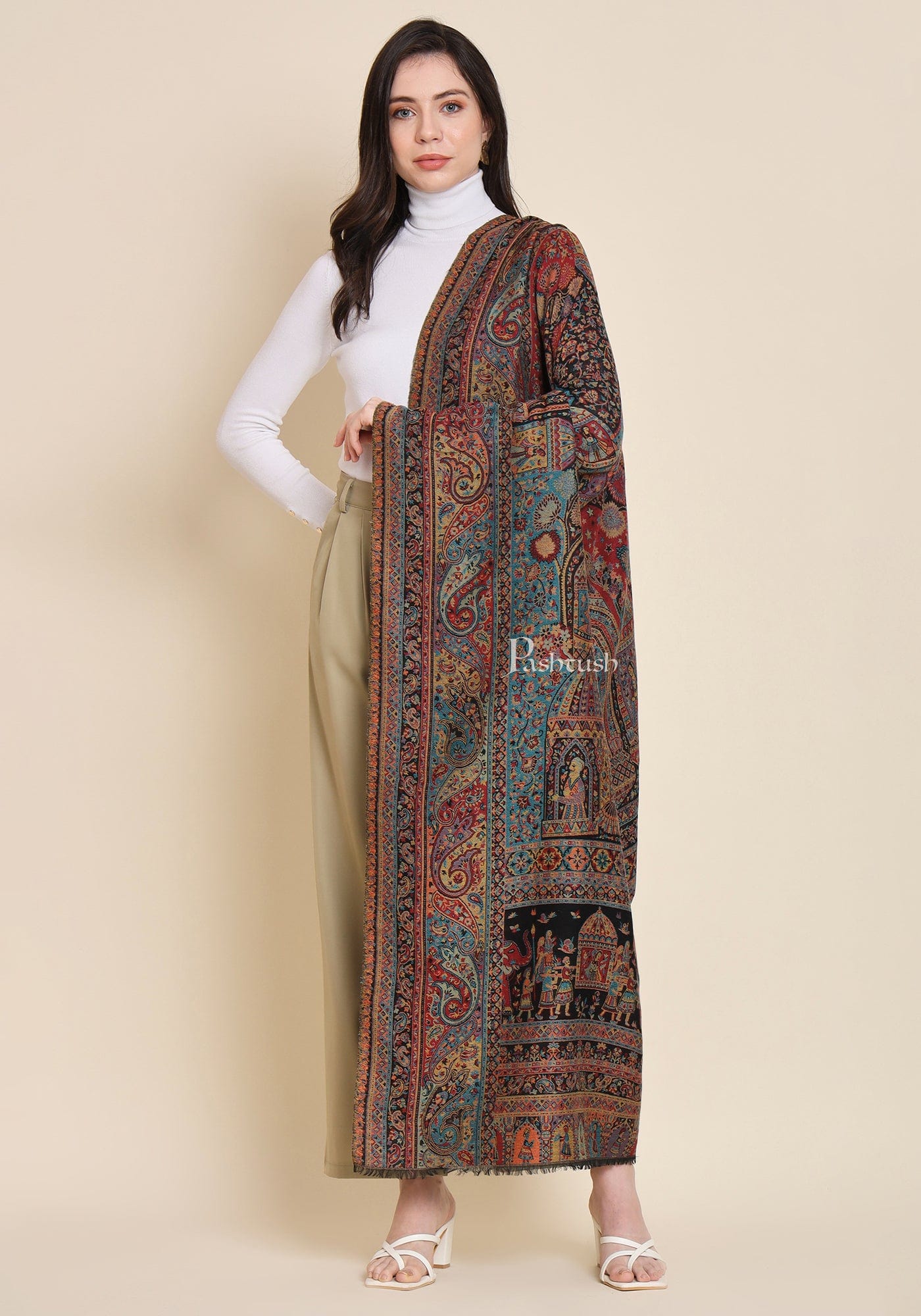 Pashtush India Womens Shawls Pashtush Womens 100% Pure Wool With Woolmark Certificate Shawl, Royal Darbar Design, Black