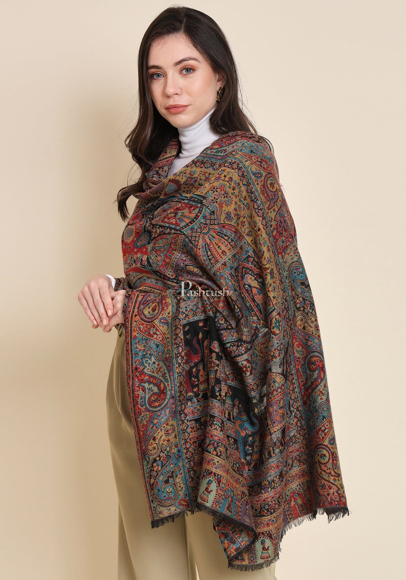 Pashtush India Womens Shawls Pashtush Womens 100% Pure Wool With Woolmark Certificate Shawl, Royal Darbar Design, Black