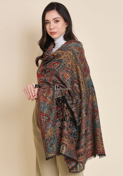 Pashtush India Womens Shawls Pashtush Womens 100% Pure Wool With Woolmark Certificate Shawl, Royal Darbar Design, Black