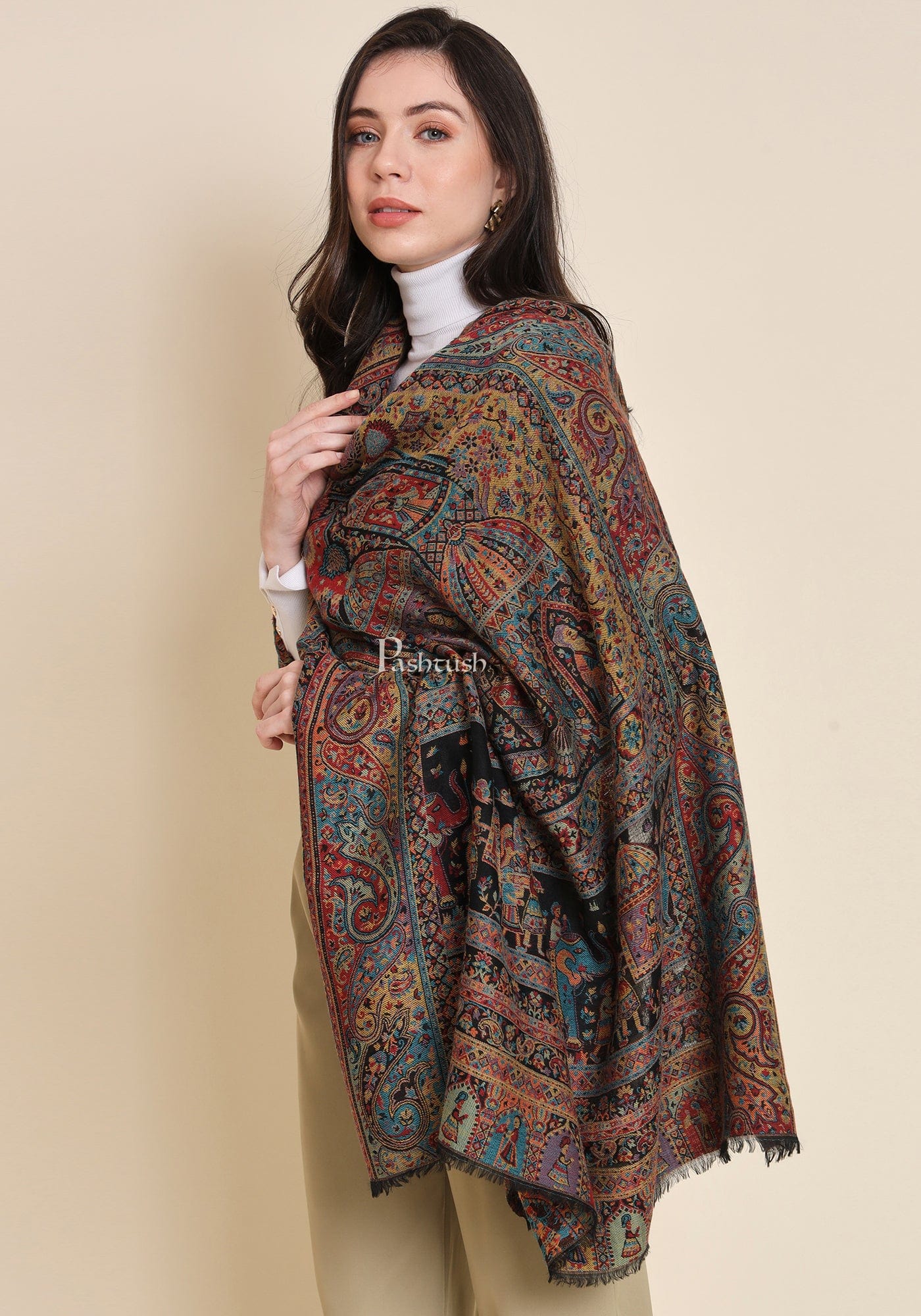 Pashtush India Womens Shawls Pashtush Womens 100% Pure Wool With Woolmark Certificate Shawl, Royal Darbar Design, Black