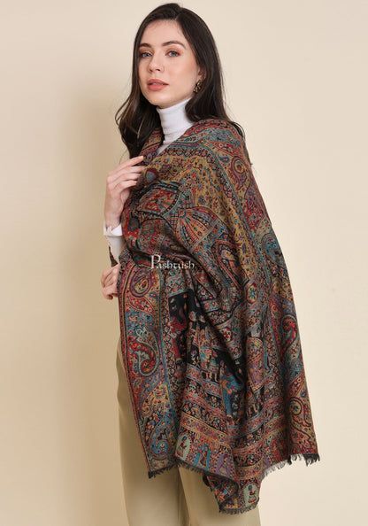 Pashtush India Womens Shawls Pashtush Womens 100% Pure Wool With Woolmark Certificate Shawl, Royal Darbar Design, Black